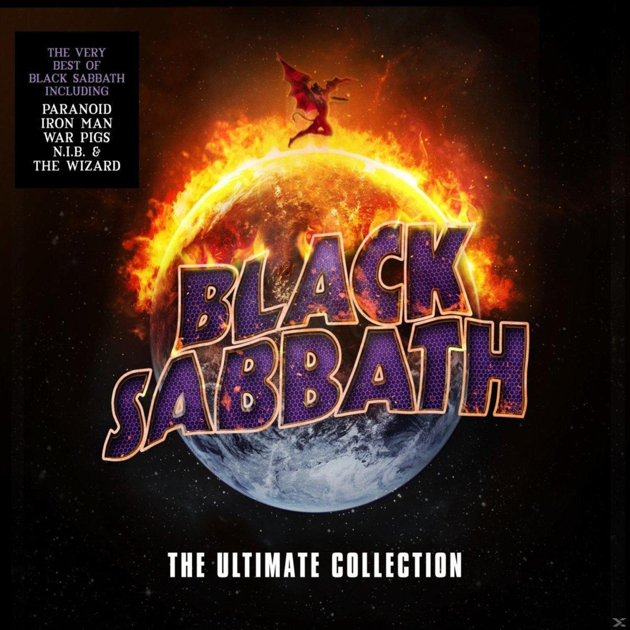 Copertina dell'album 'The Ultimate Collection' dei Black Sabbath con pianeta infuocato e diavolo.