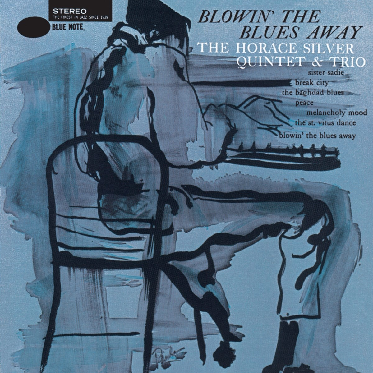 Copertina album: dipinto astratto blu di un musicista seduto al piano. Titolo: Blowin' The Blues Away.