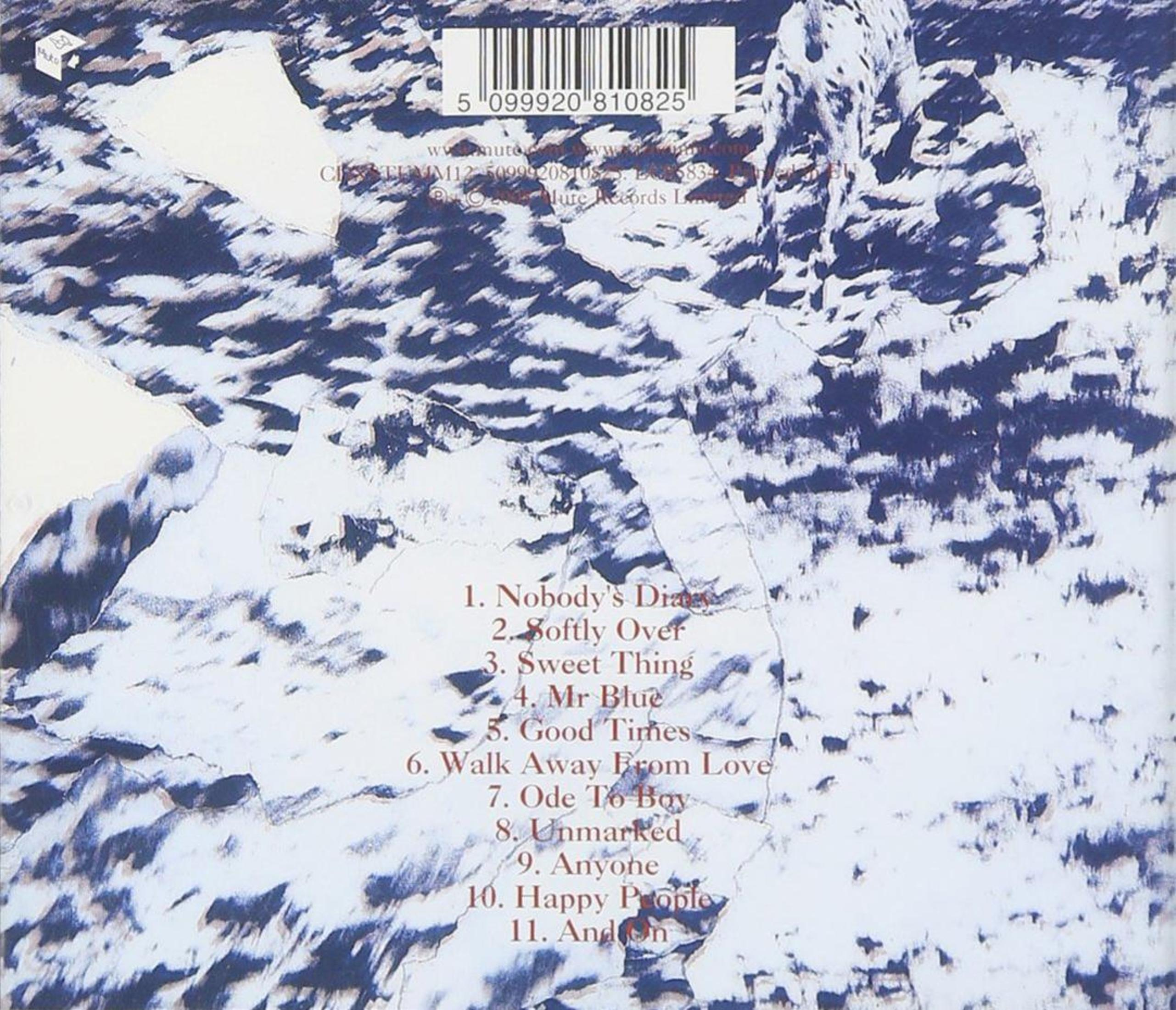 Retro copertina CD con tracklist e motivo astratto blu e bianco.