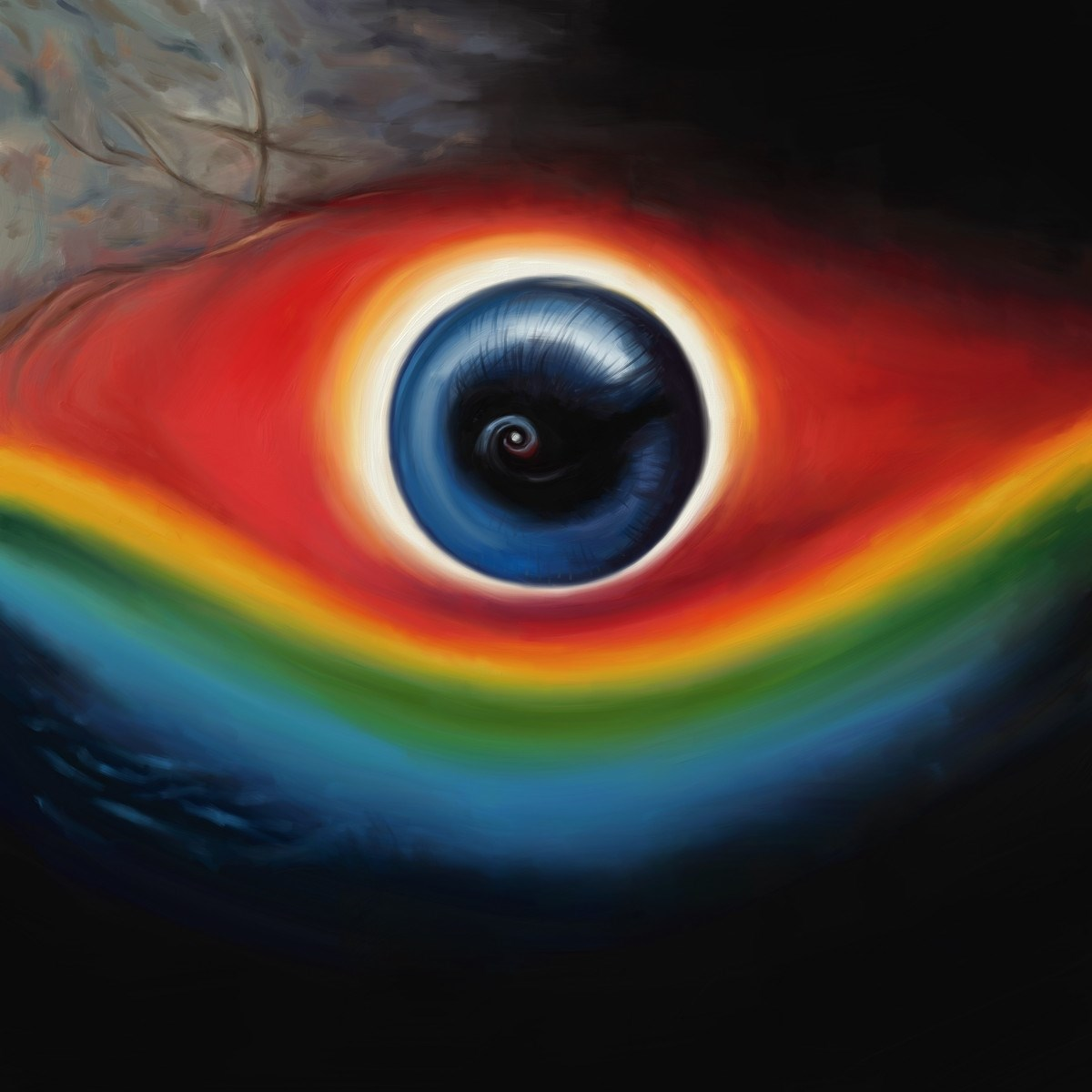 Un occhio astratto con iride arcobaleno e pupilla scura, su sfondo scuro.