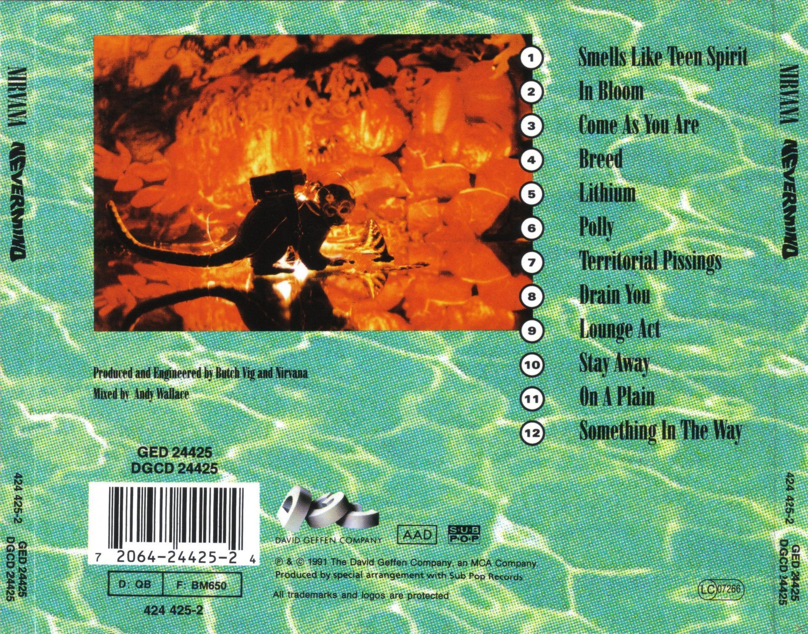 Retro copertina CD Nirvana Nevermind con tracklist, codice a barre e dettagli produttivi.
