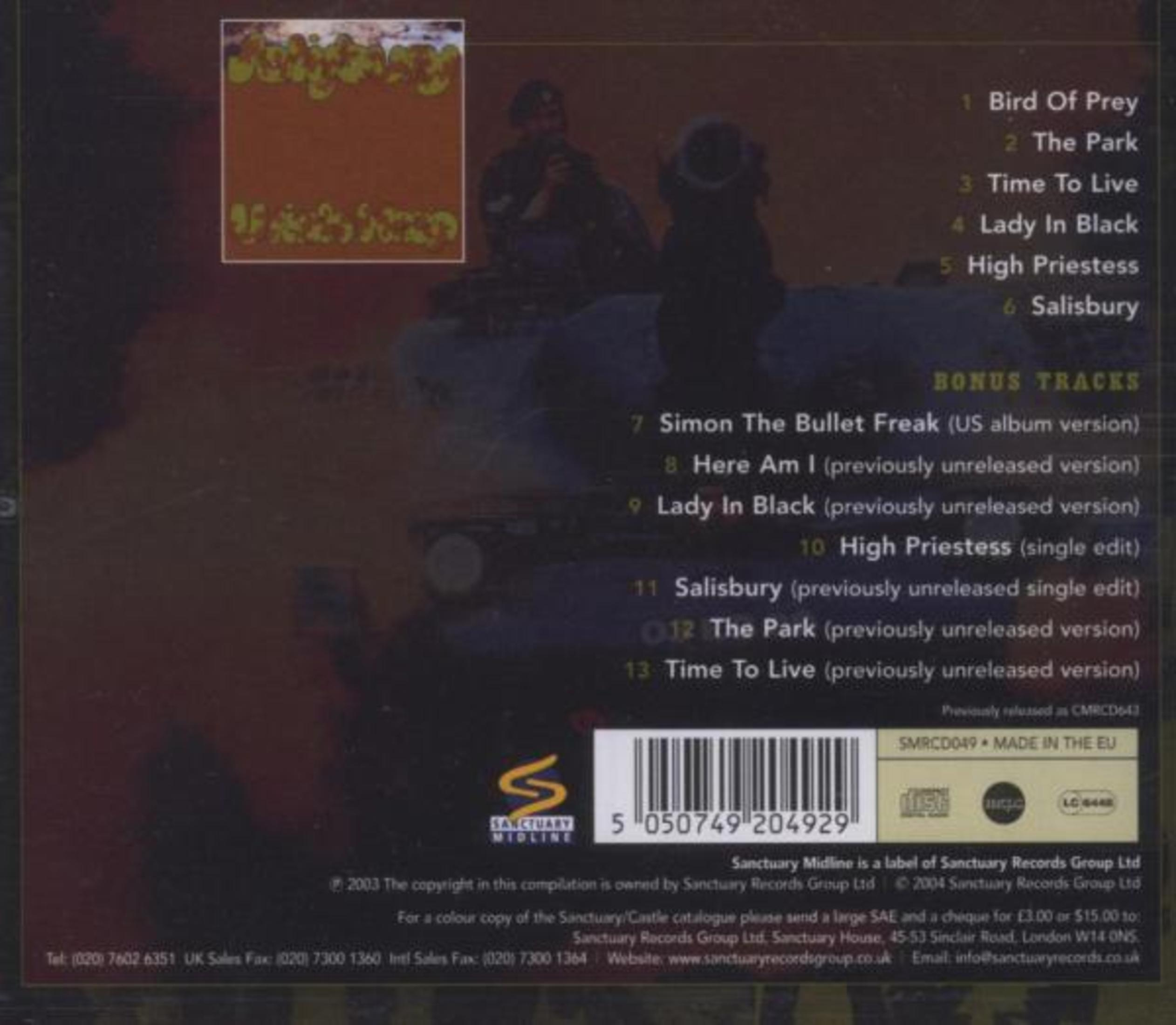 Retro CD con tracklist, codice a barre e loghi dell'etichetta.