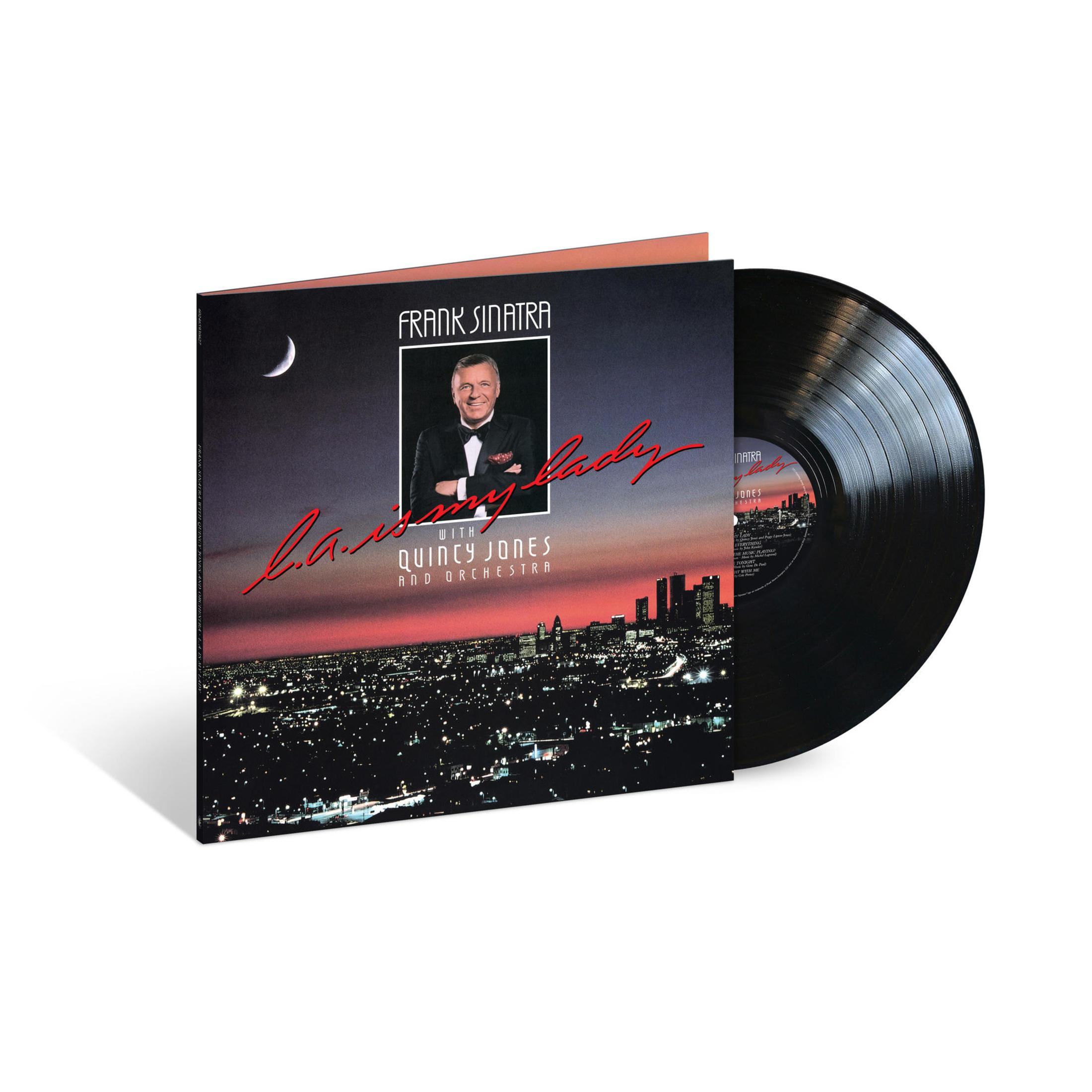 Copertina vinile Frank Sinatra con skyline notturno e luna crescente.