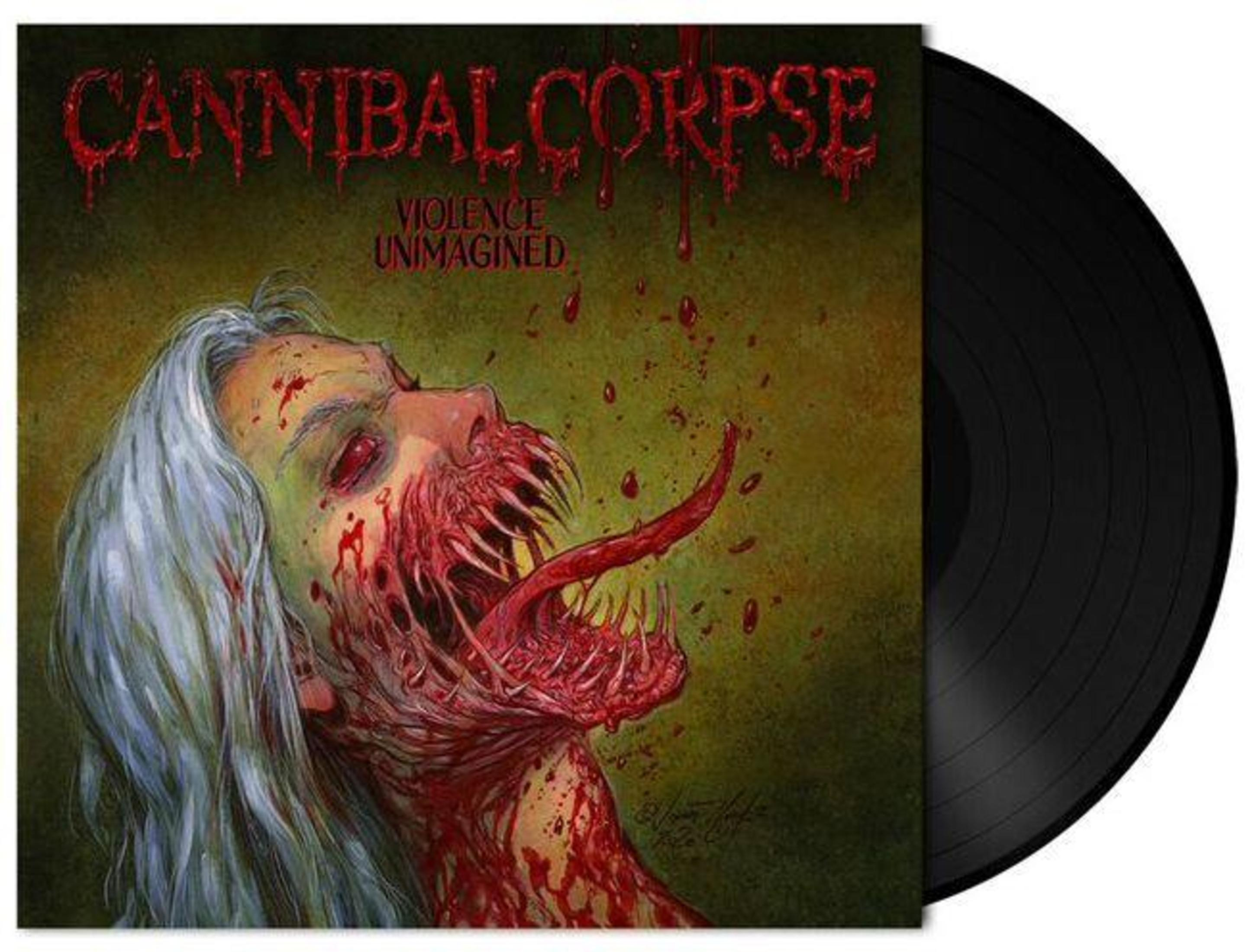 Copertina dell'album con volto insanguinato e sfigurato e disco in vinile nero.