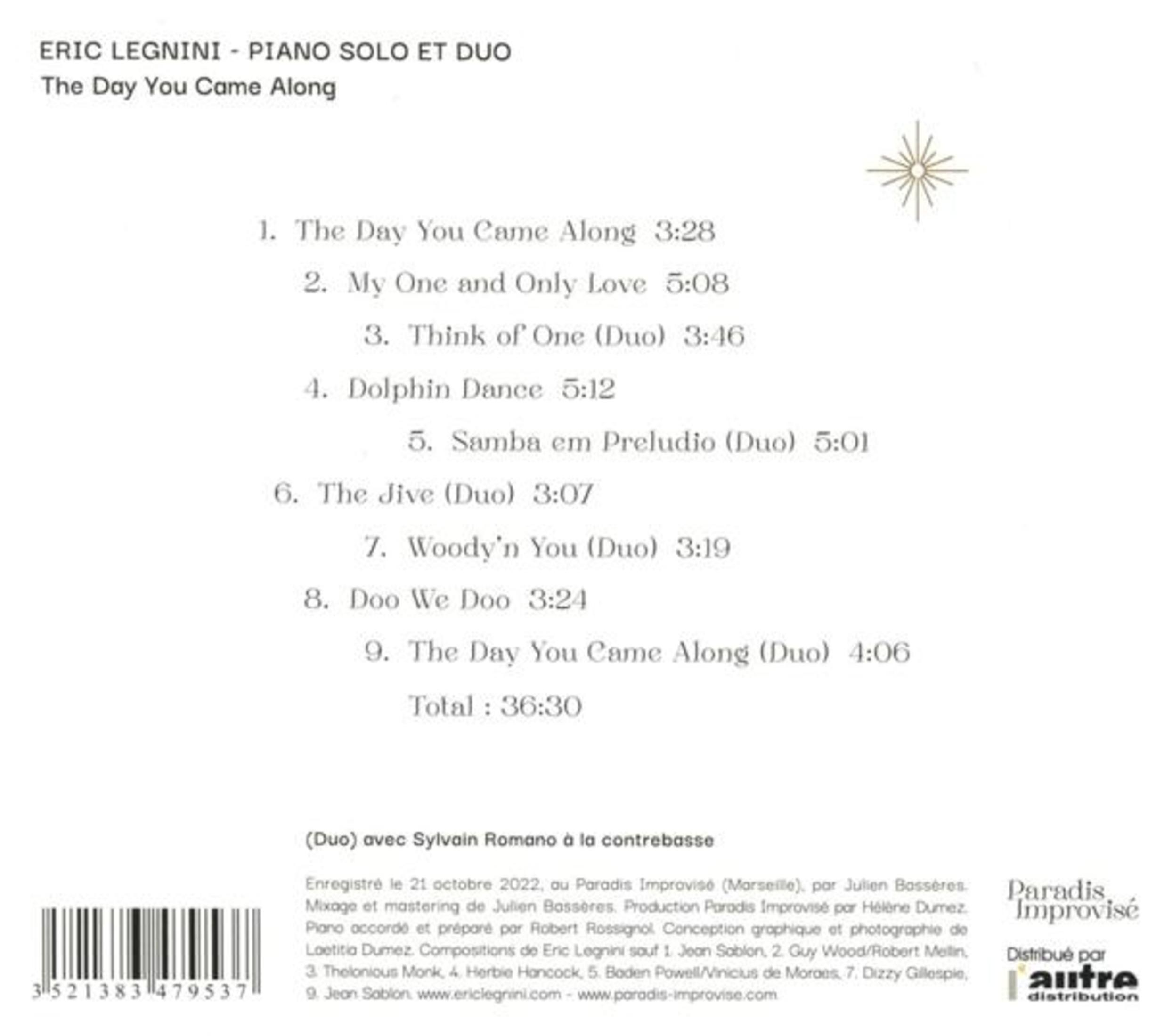 Titolo album con elenco tracce e crediti su sfondo bianco con codice a barre.