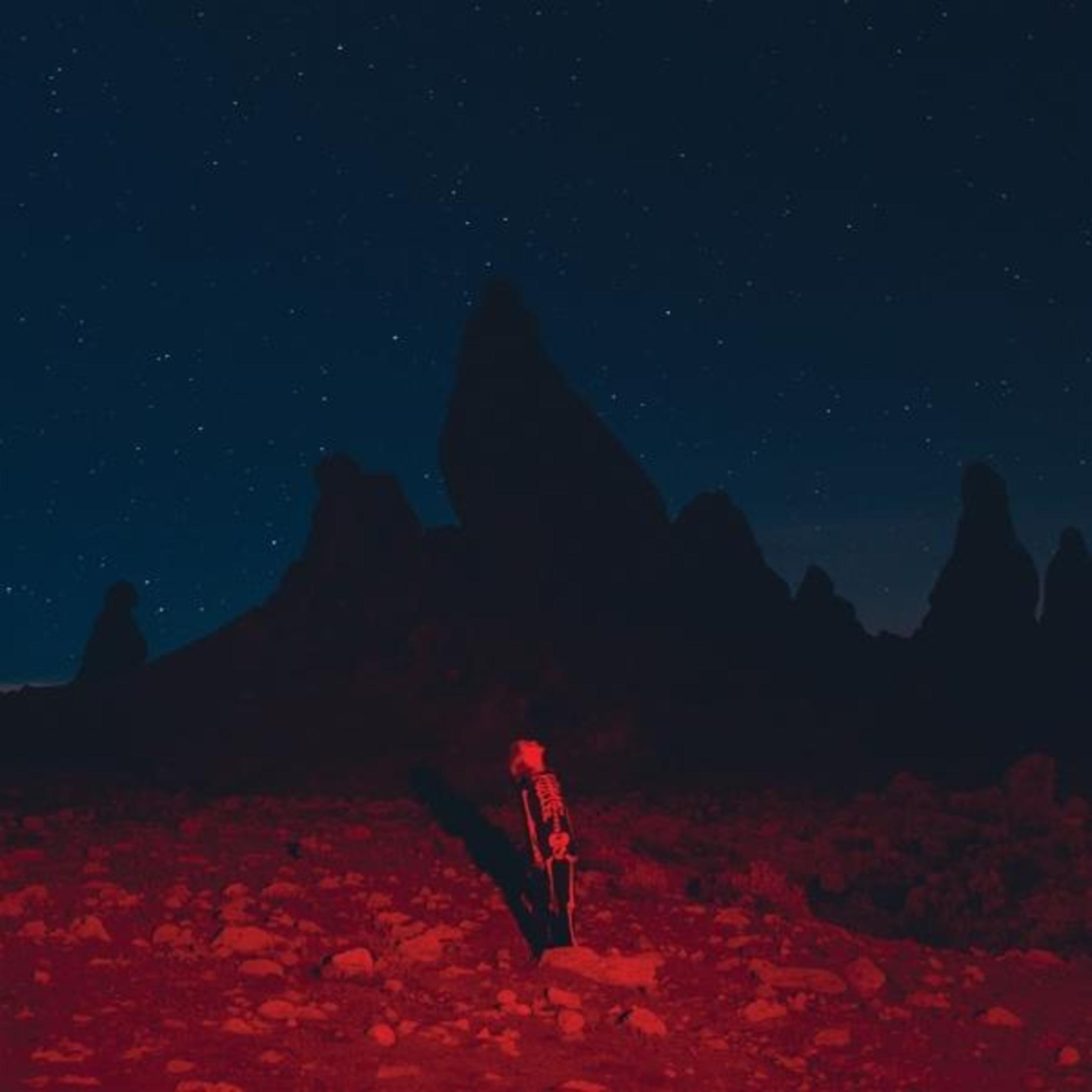 Uno scheletro si erge su terreno roccioso rosso sotto un cielo notturno stellato.