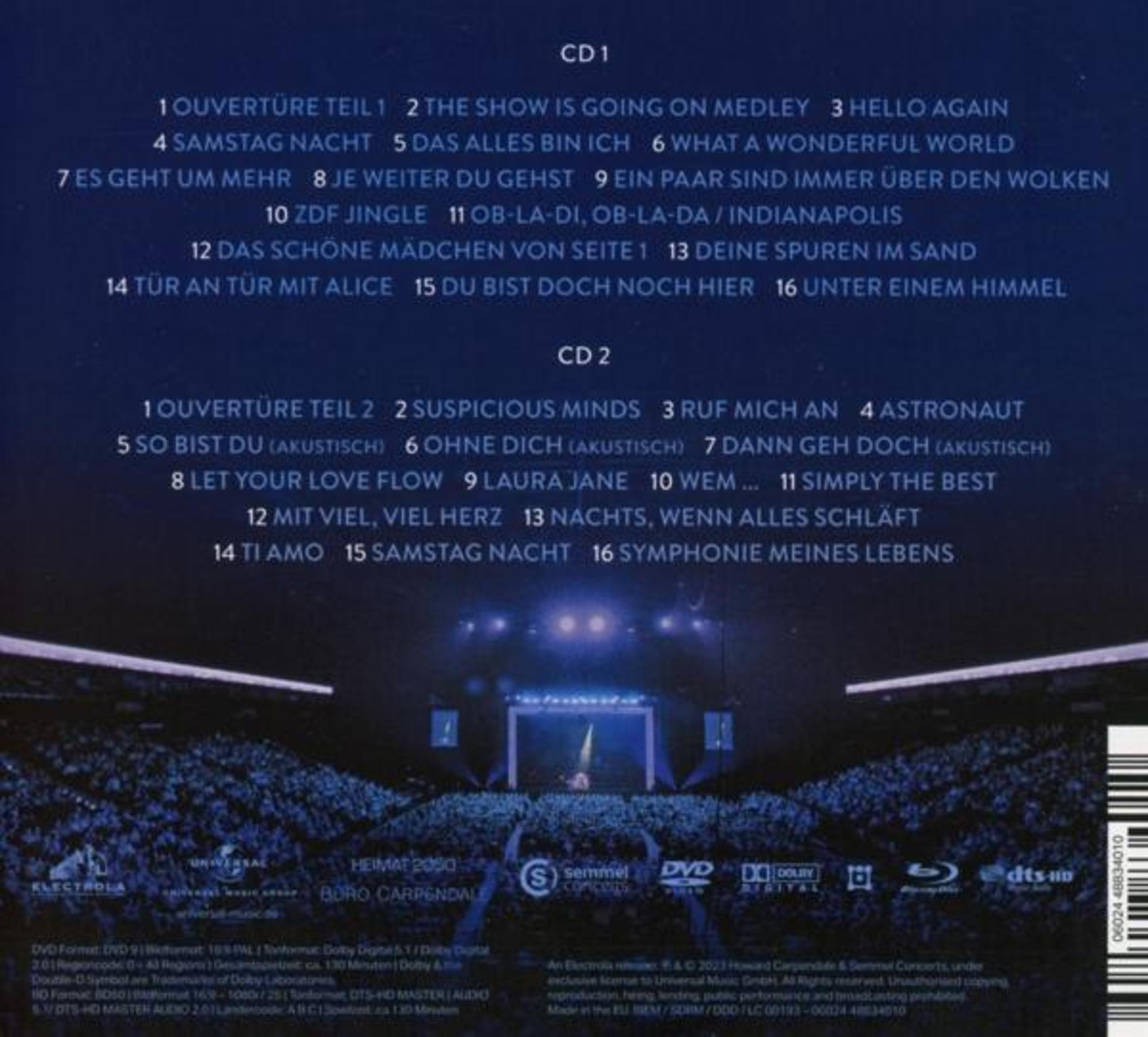 Achterkant van een Blu-ray/DVD met tracklijsten voor CD1 en CD2 en logo's.