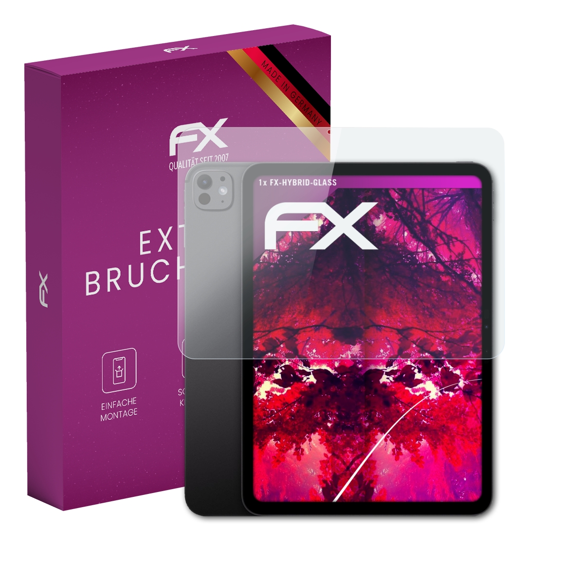 FX Displayschutzfolie für ein Tablet mit pinkem Hintergrund und pinker Verpackung.