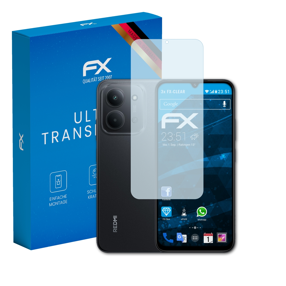 Blauer Karton mit FX Logo, schwarzes Handy mit Schutzfolie und Apps auf dem Bildschirm.