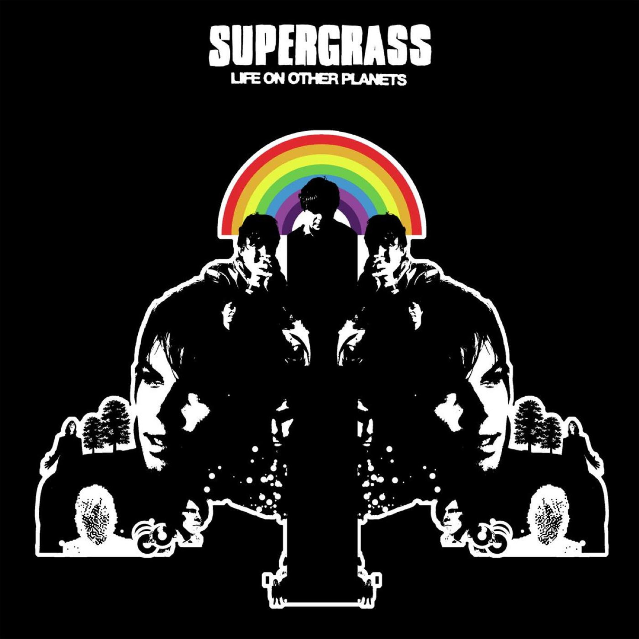 Grafica in bianco e nero con tre uomini sotto un arcobaleno. "SUPERGRASS" in alto.