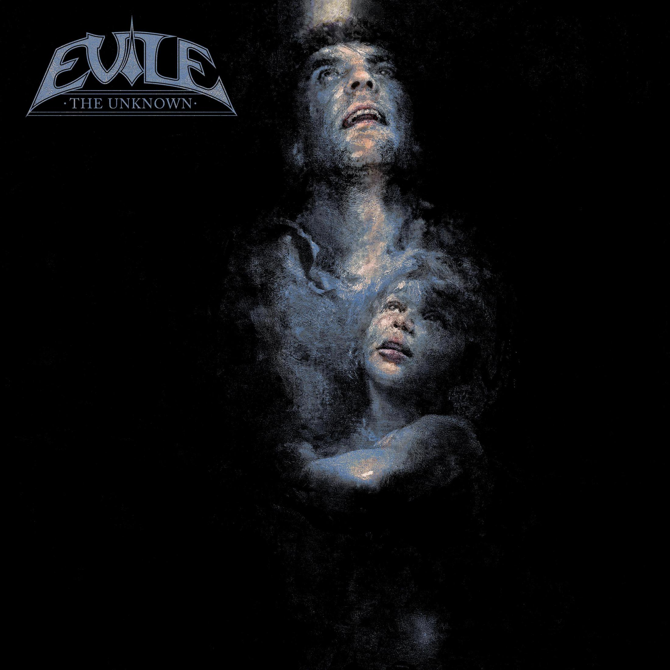 Rappresentazione oscura di due volti che guardano in alto. Logo Evile in alto.