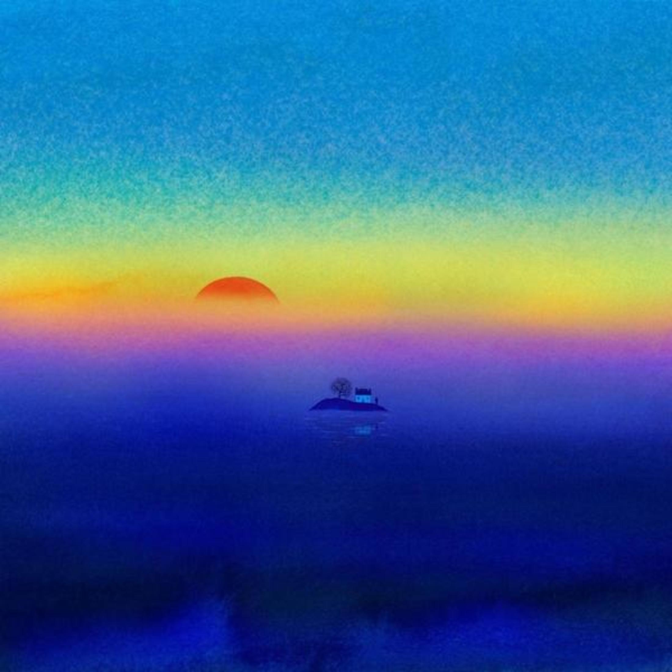 Una piccola casa e un albero su un'isola nel mare al tramonto.