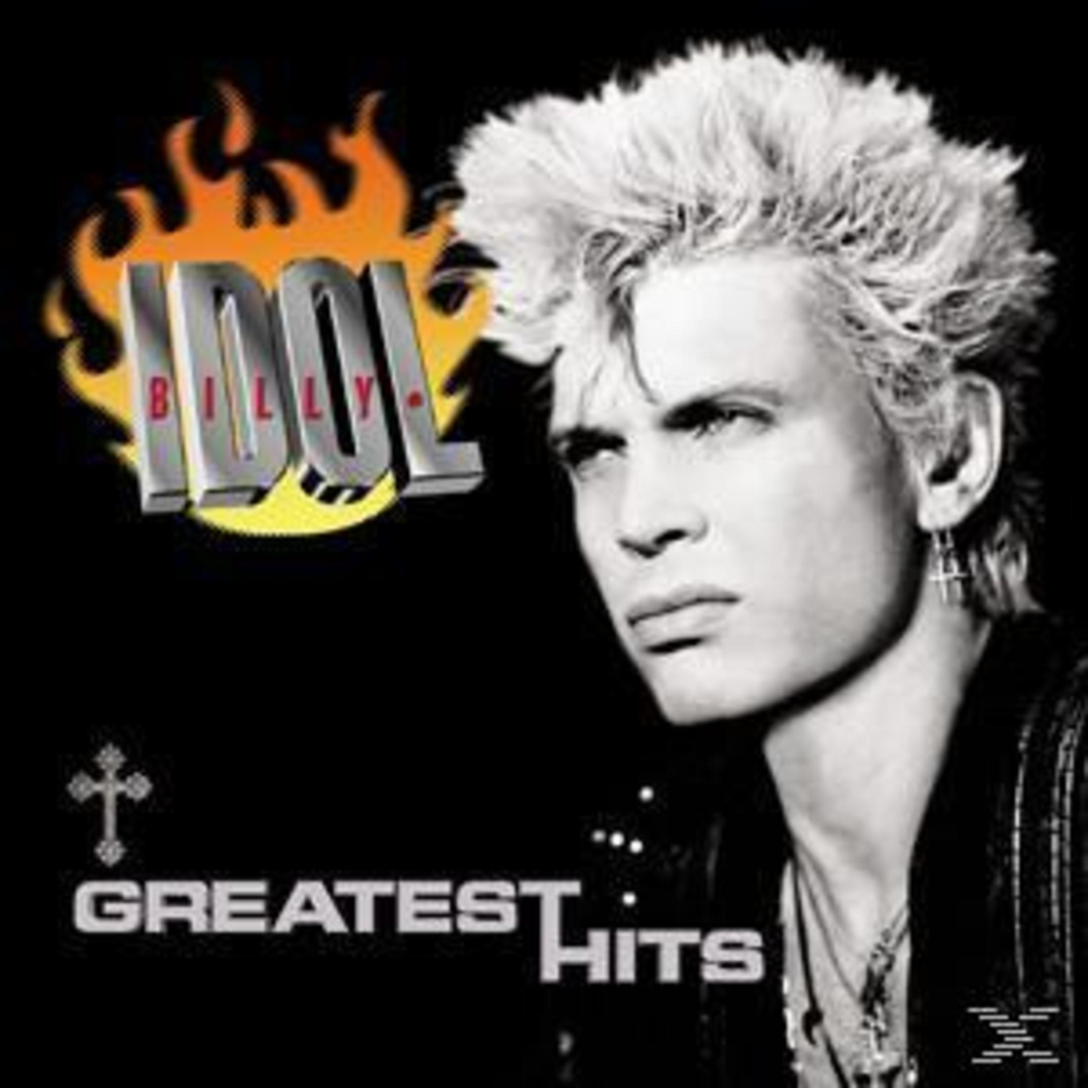 Billy Idol con logo fiammeggiante e titolo "Greatest Hits".