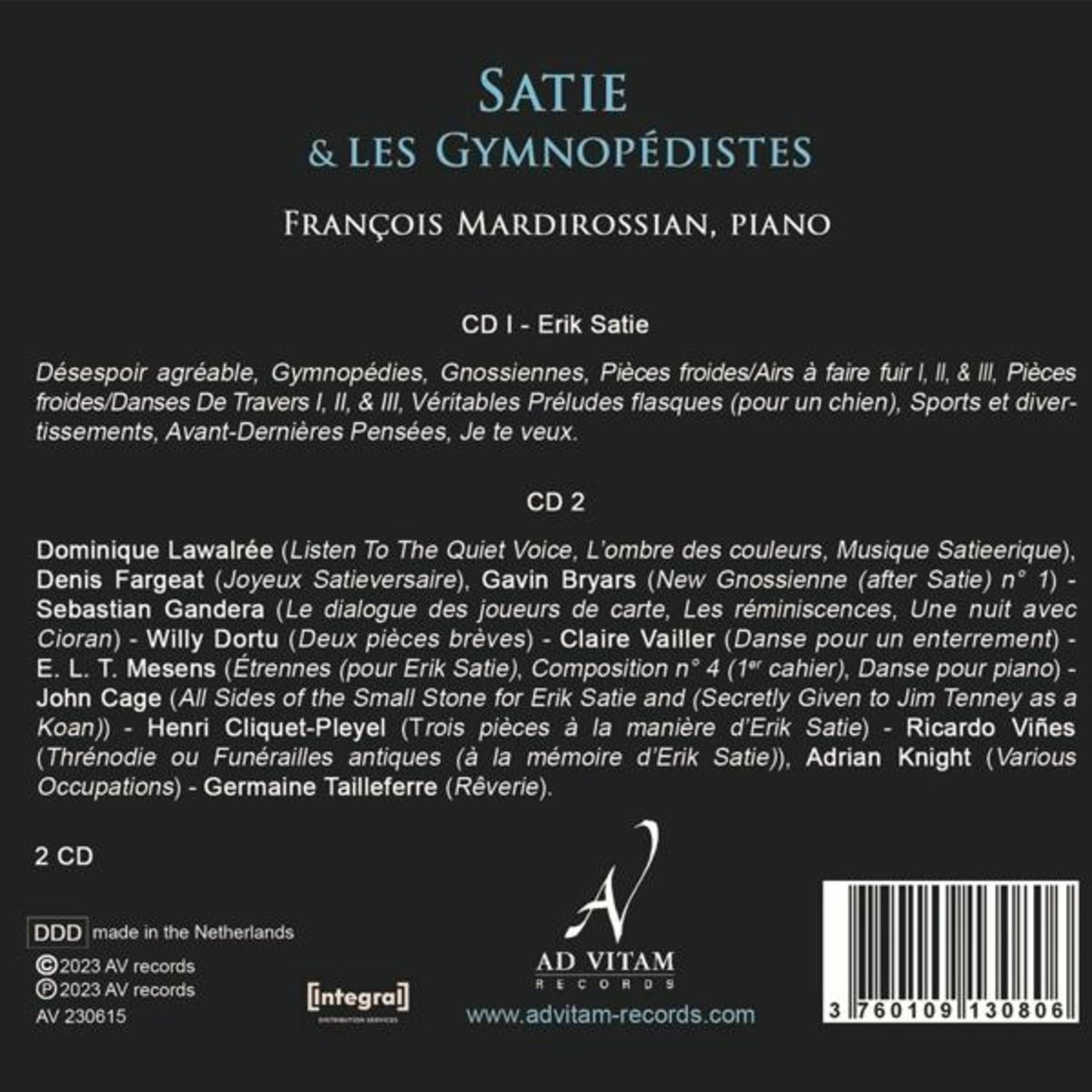 Copertina album SATIE & LES GYMNOPÉDISTES con François Mardirossian al piano, 2 CD.
