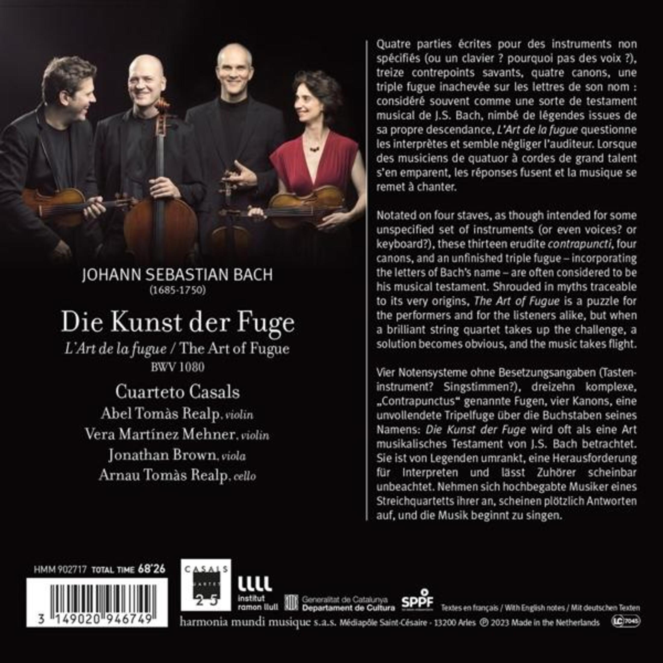 Quattro musicisti con strumenti, copertina Bach, testo e codice a barre.