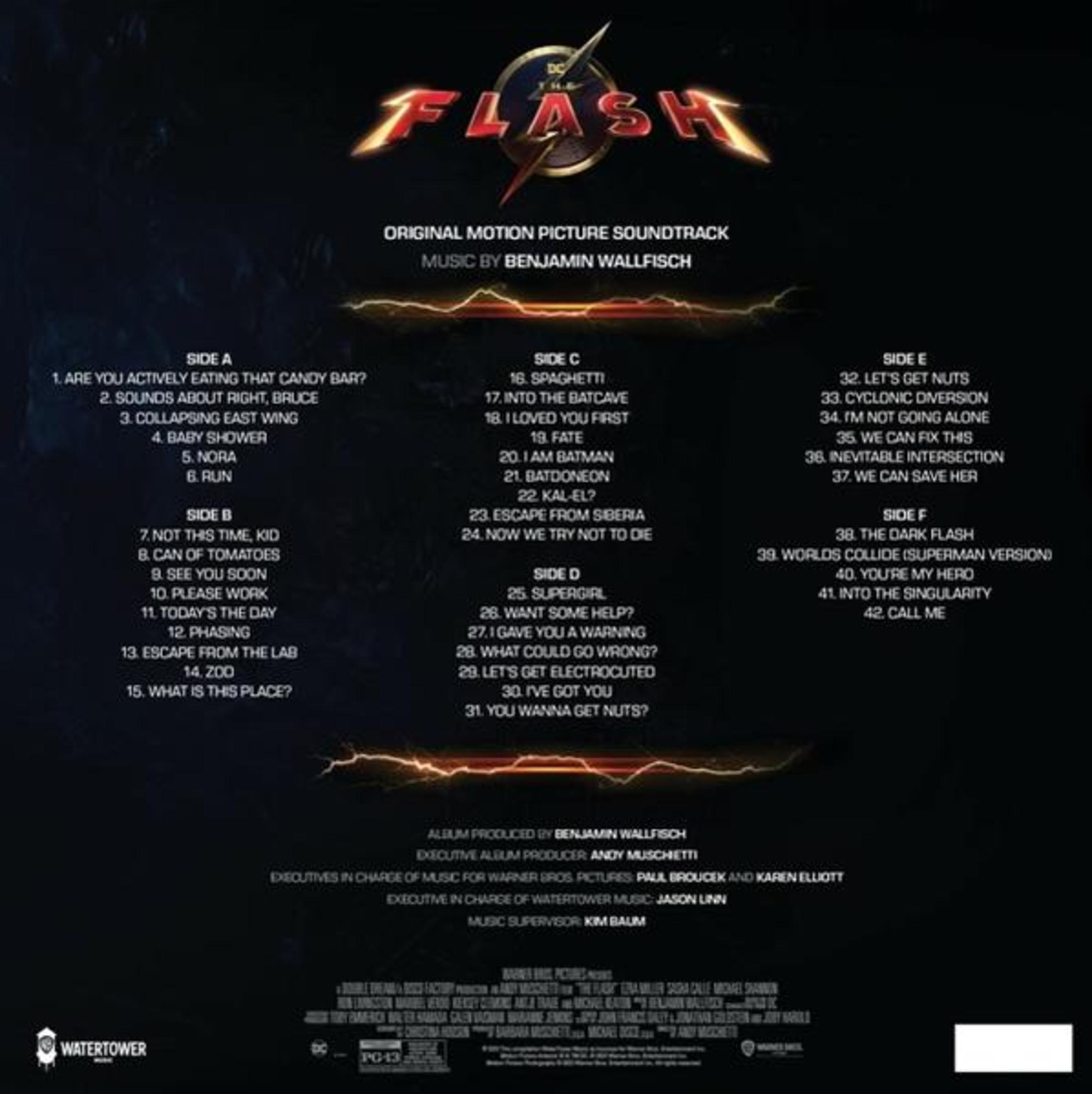 La copertina della colonna sonora di The Flash elenca 42 tracce su 6 lati.