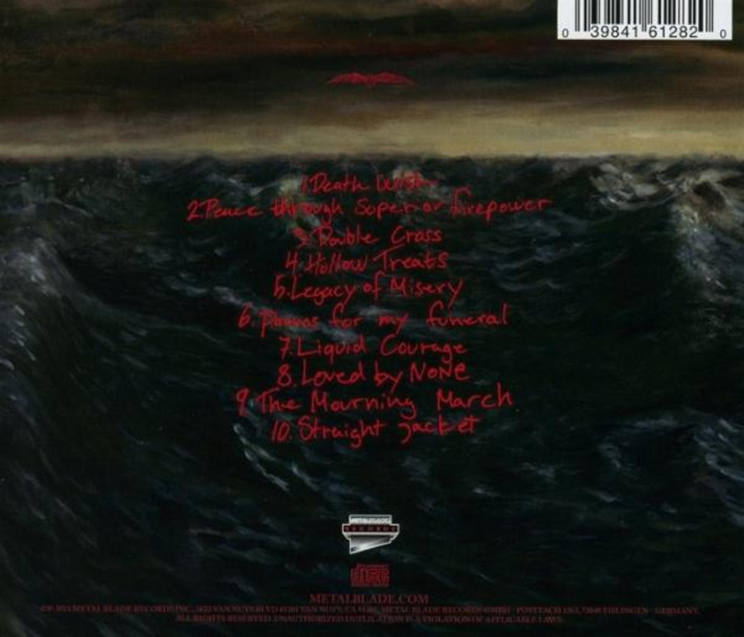 Retro CD con elenco canzoni, codice a barre e logo su sfondo scuro di onde.