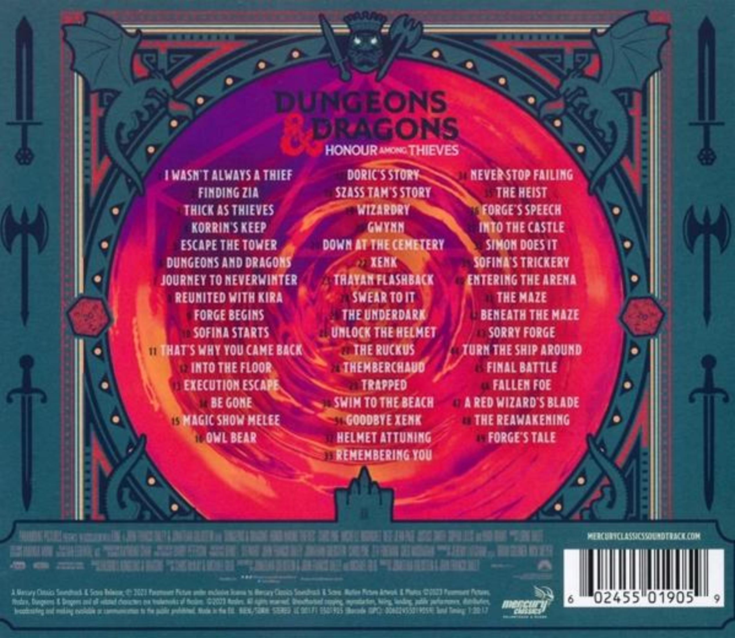 Colonna sonora D&D: Elenco canzoni con draghi e armi su sfondo scuro.