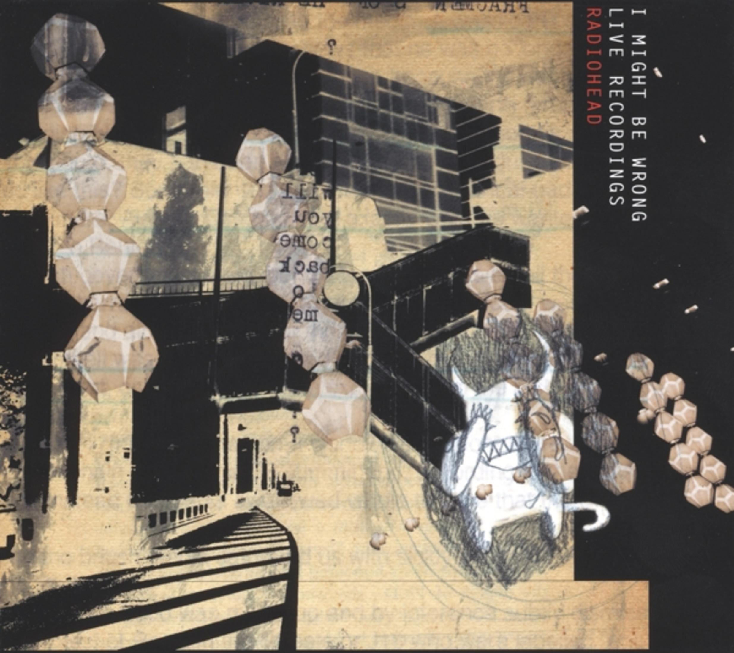 Collage astratto con forme geometriche, testo e disegno di un mostro.