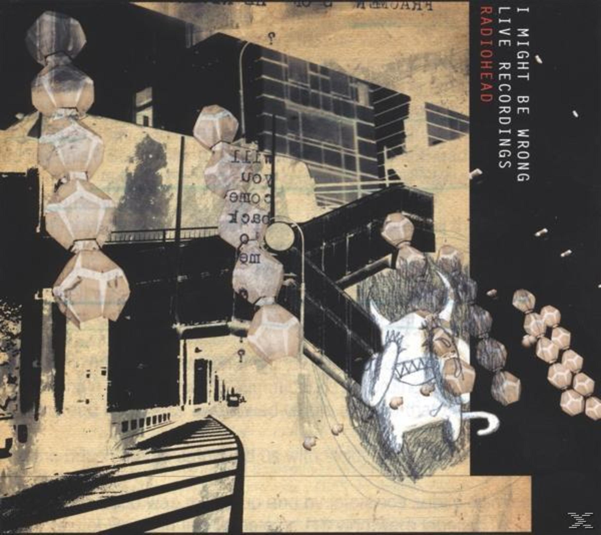 Collage con testo Radiohead, disegno di mostro e forme geometriche.