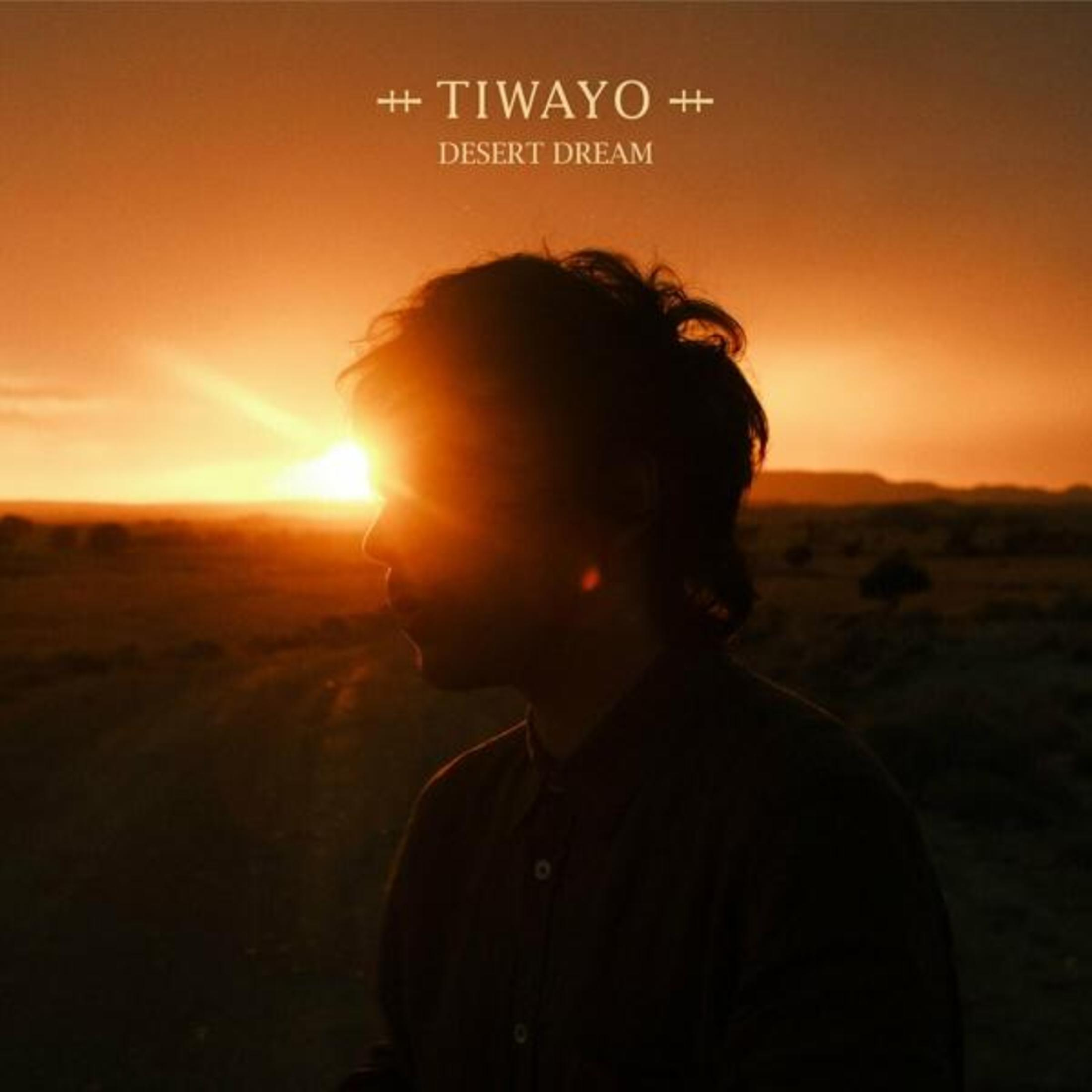 Uomo di profilo davanti a un paesaggio desertico al tramonto con testo.
