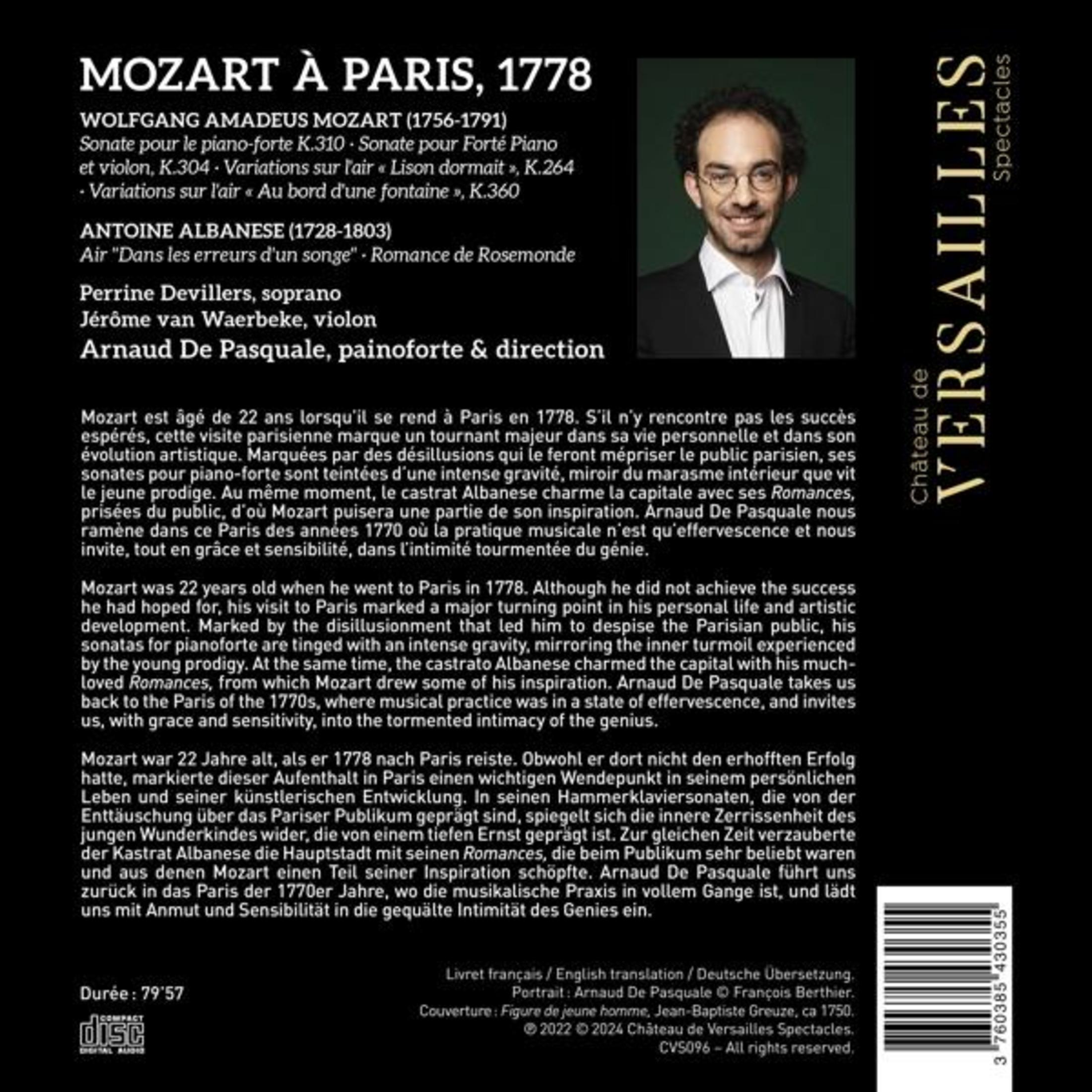 Poster di concerto per Mozart a Parigi 1778 con ritratto di un uomo.