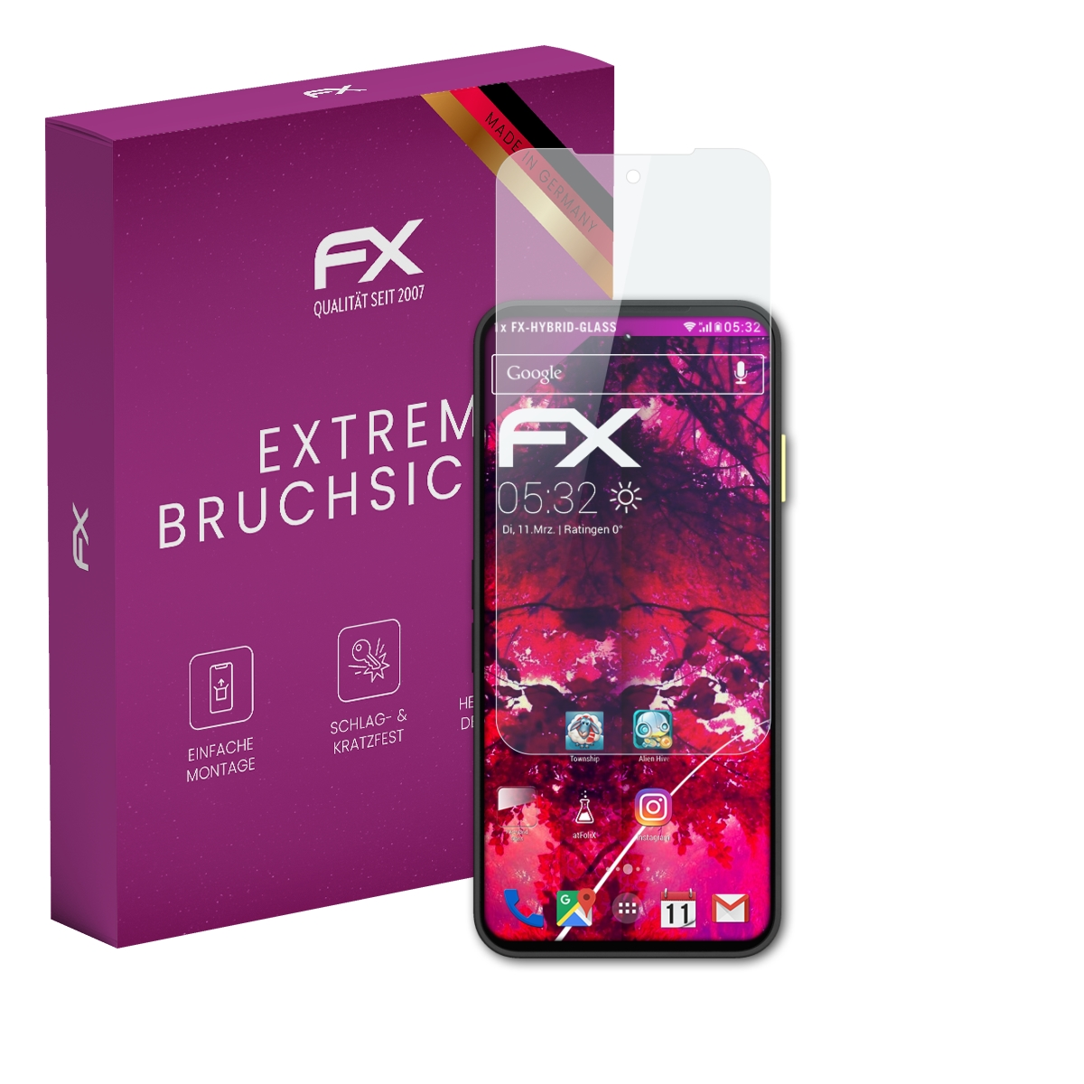 Smartphone mit Displayschutzfolie und Verpackung. Made in Germany.