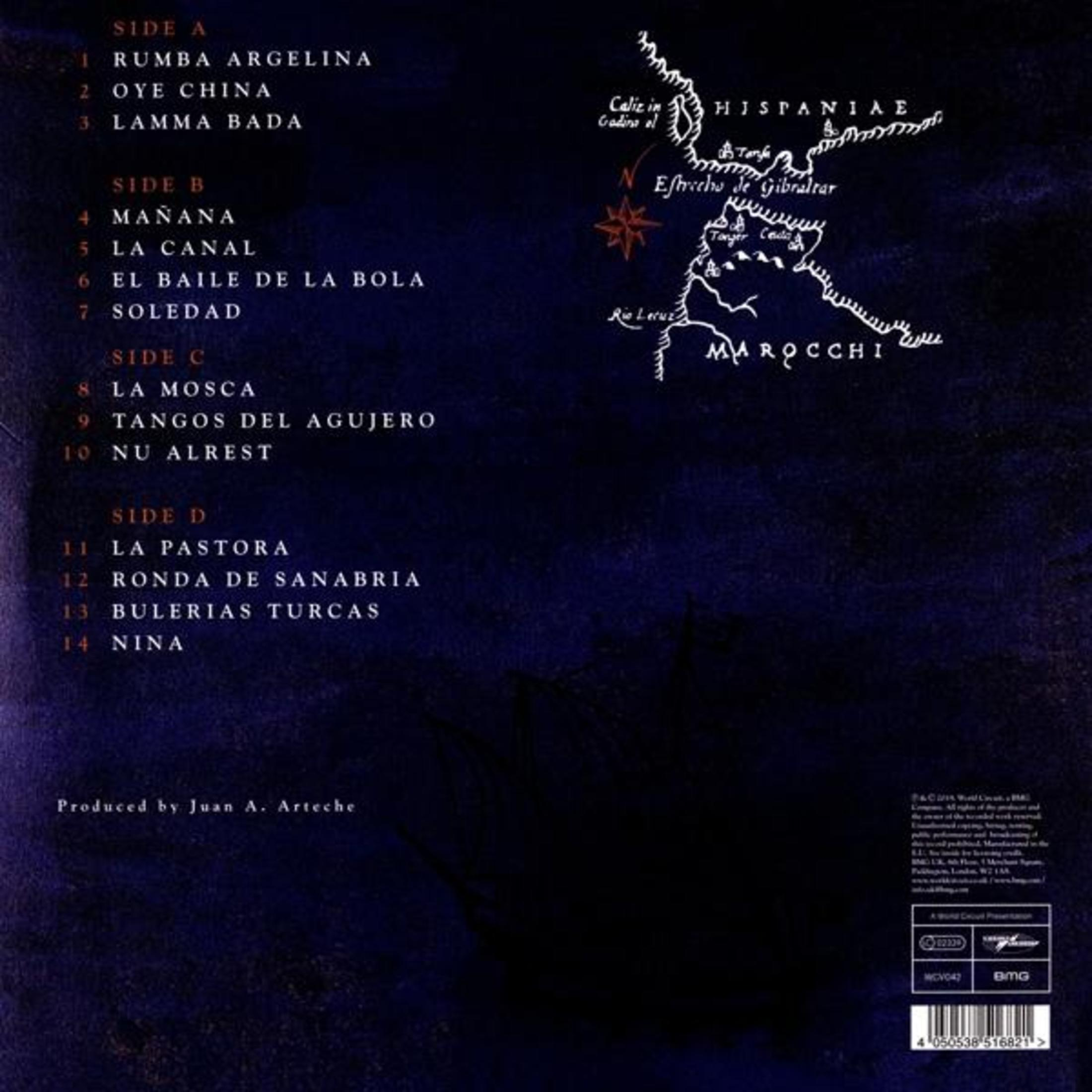 Retro copertina album con tracklist e mappa Spagna e Marocco.