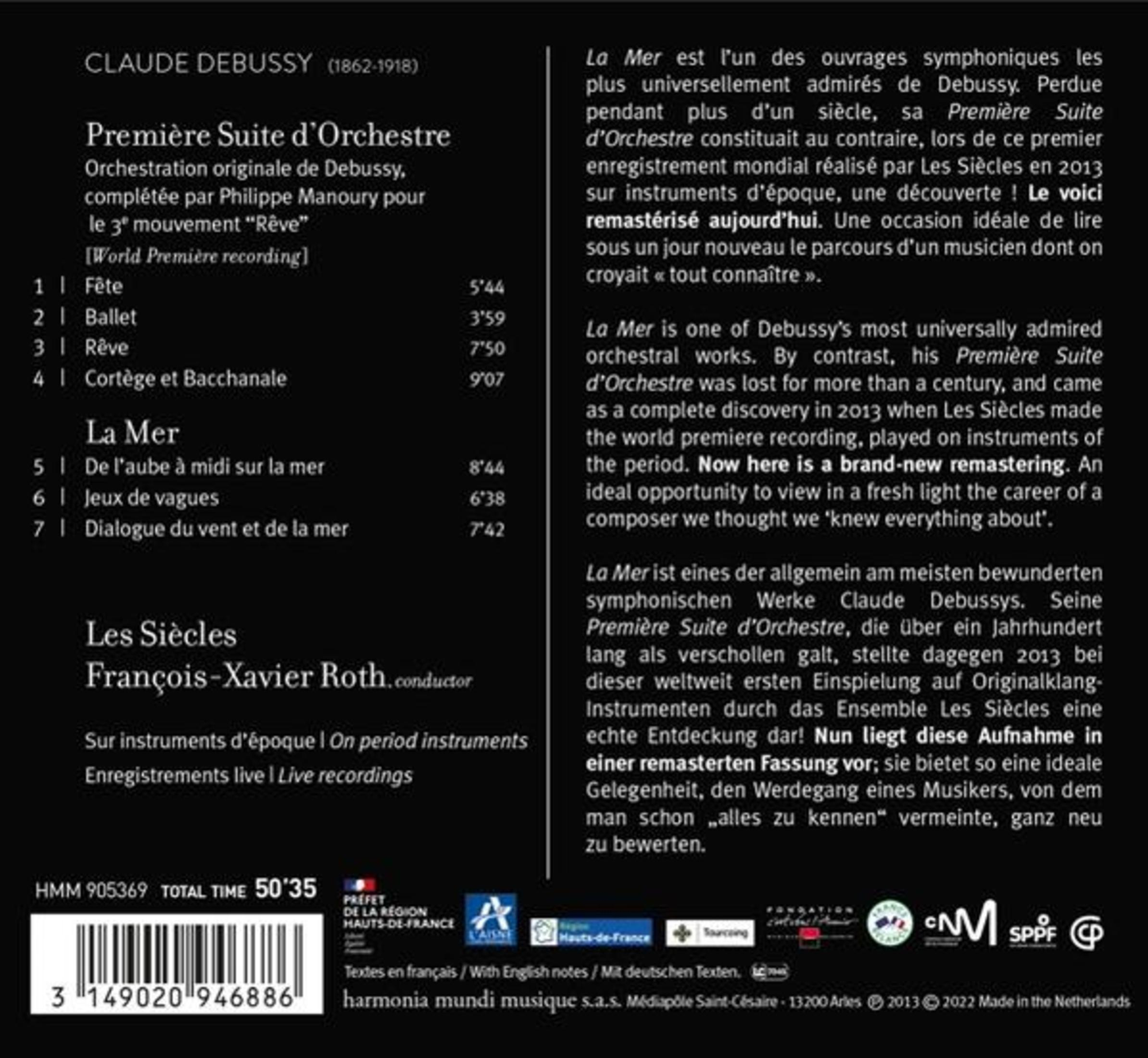 Copertina con Claude Debussy, "Première Suite d'Orchestre", "La Mer" e "Les Siècles".