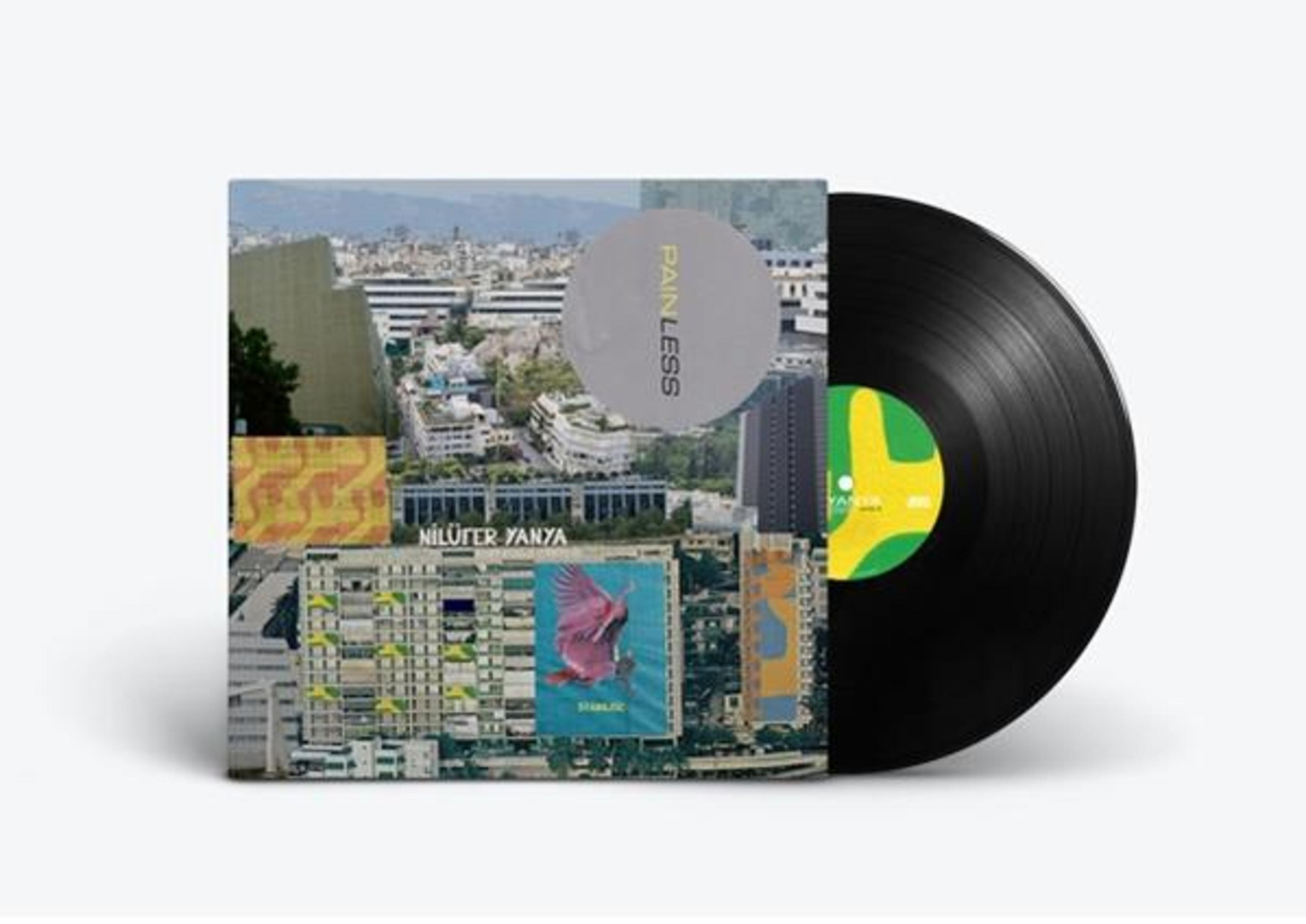 Disco in vinile nero accanto alla copertina di un album con vista sulla città e uccello rosa.