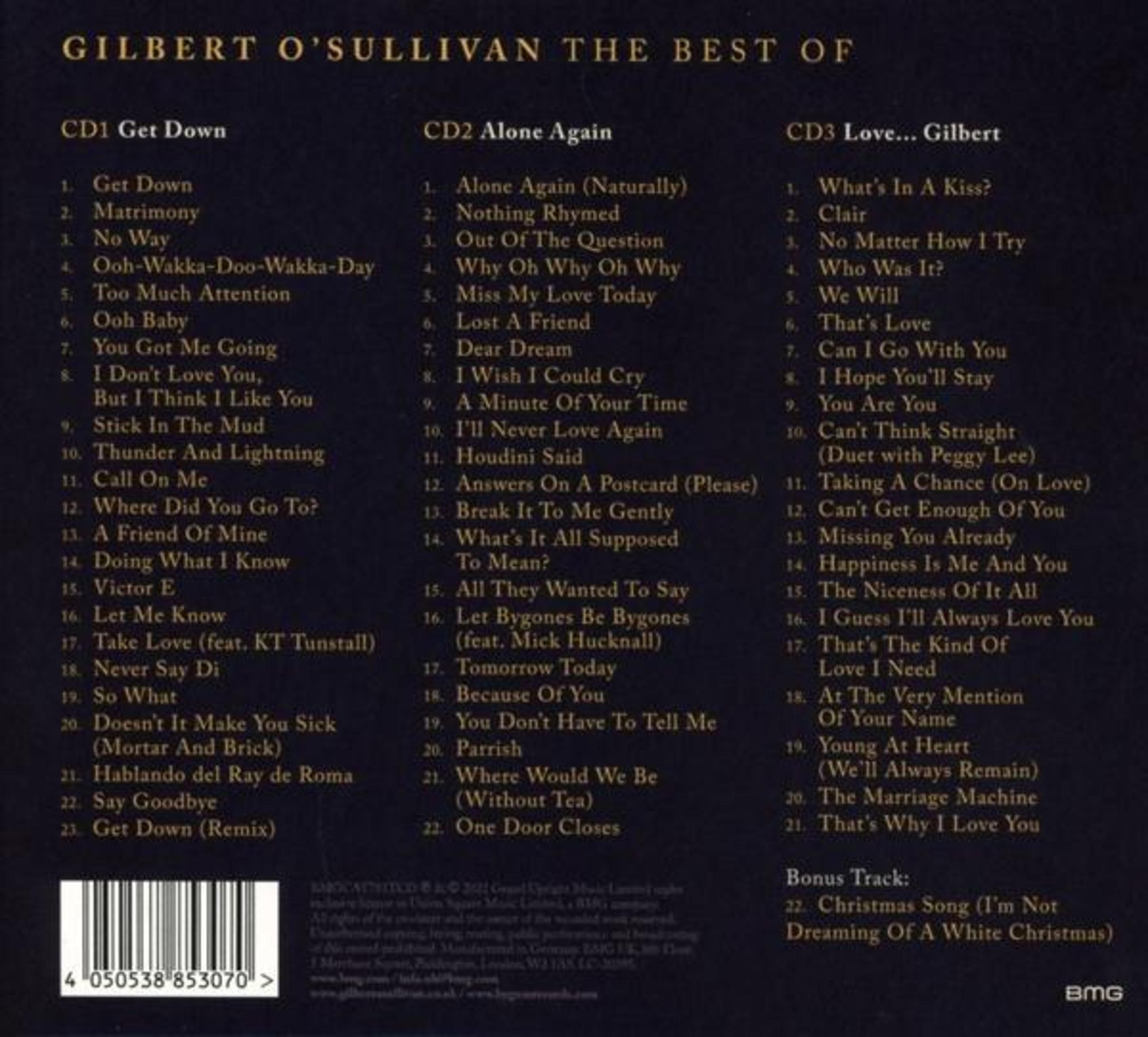 Copertina dell'album con titoli di canzoni di Gilbert O'Sullivan, divisi in 3 CD.
