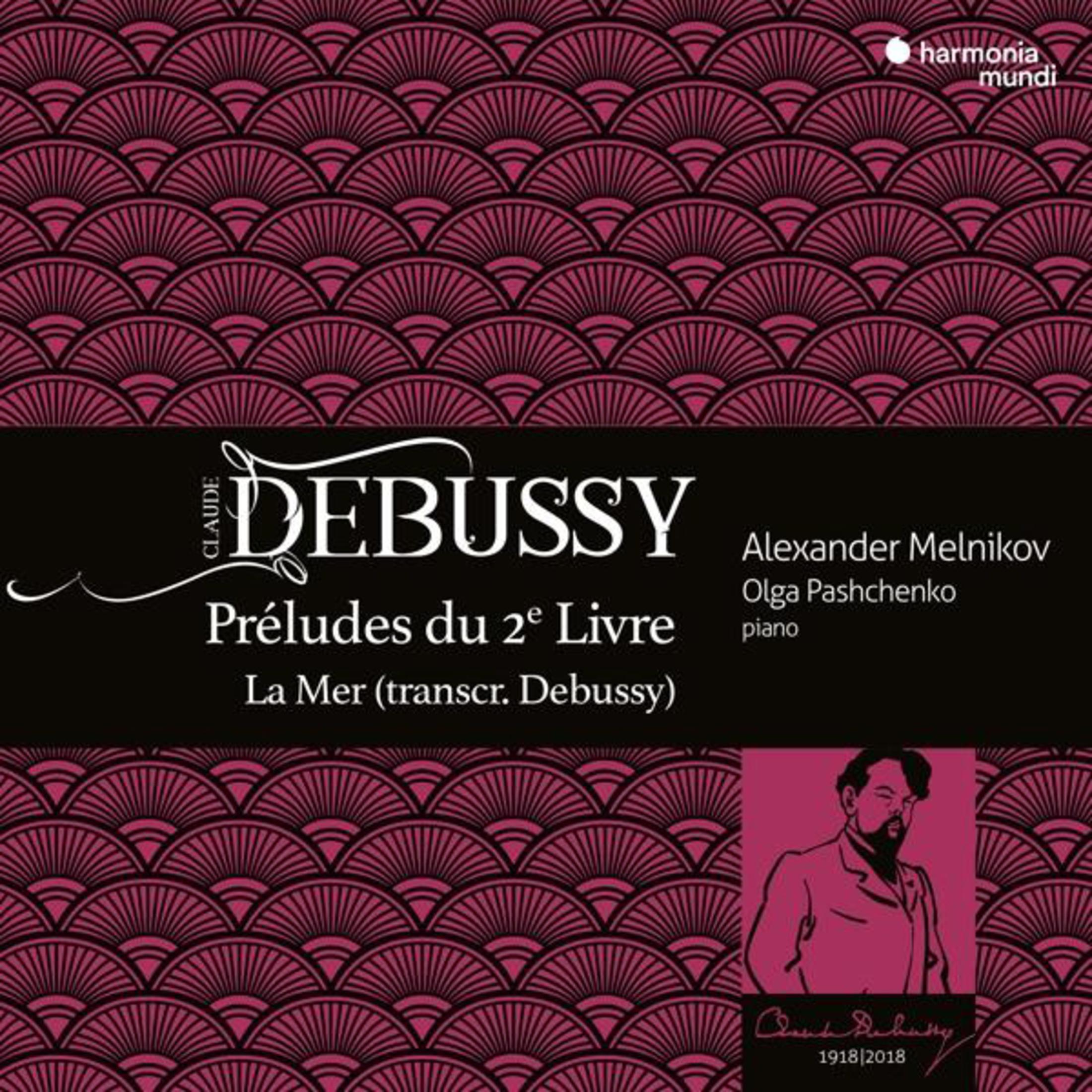 Albumhoes met Debussy-portret en muziek titel in paars en zwart.