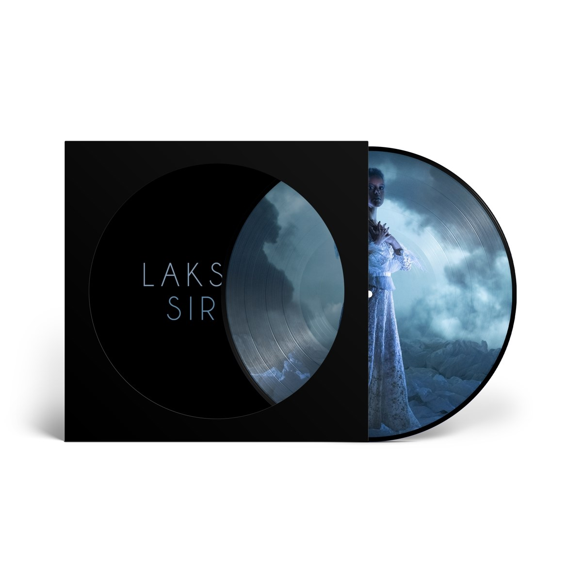 Zwarte vinyl platensleeve met vrouw in witte jurk, LAKS SIR tekst.
