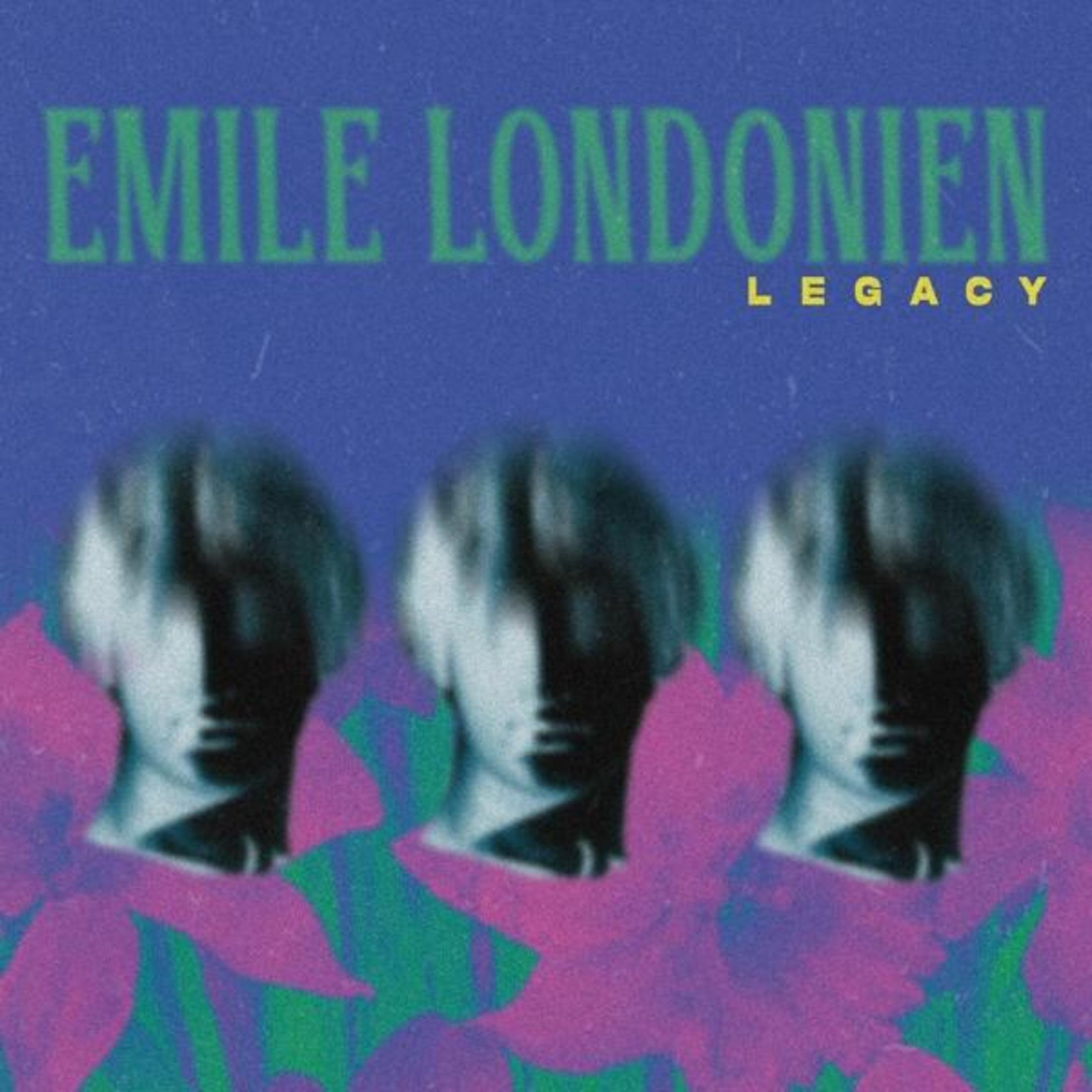 Emile Londonien Legacy: Tre ritratti sfocati con fiori viola in primo piano.