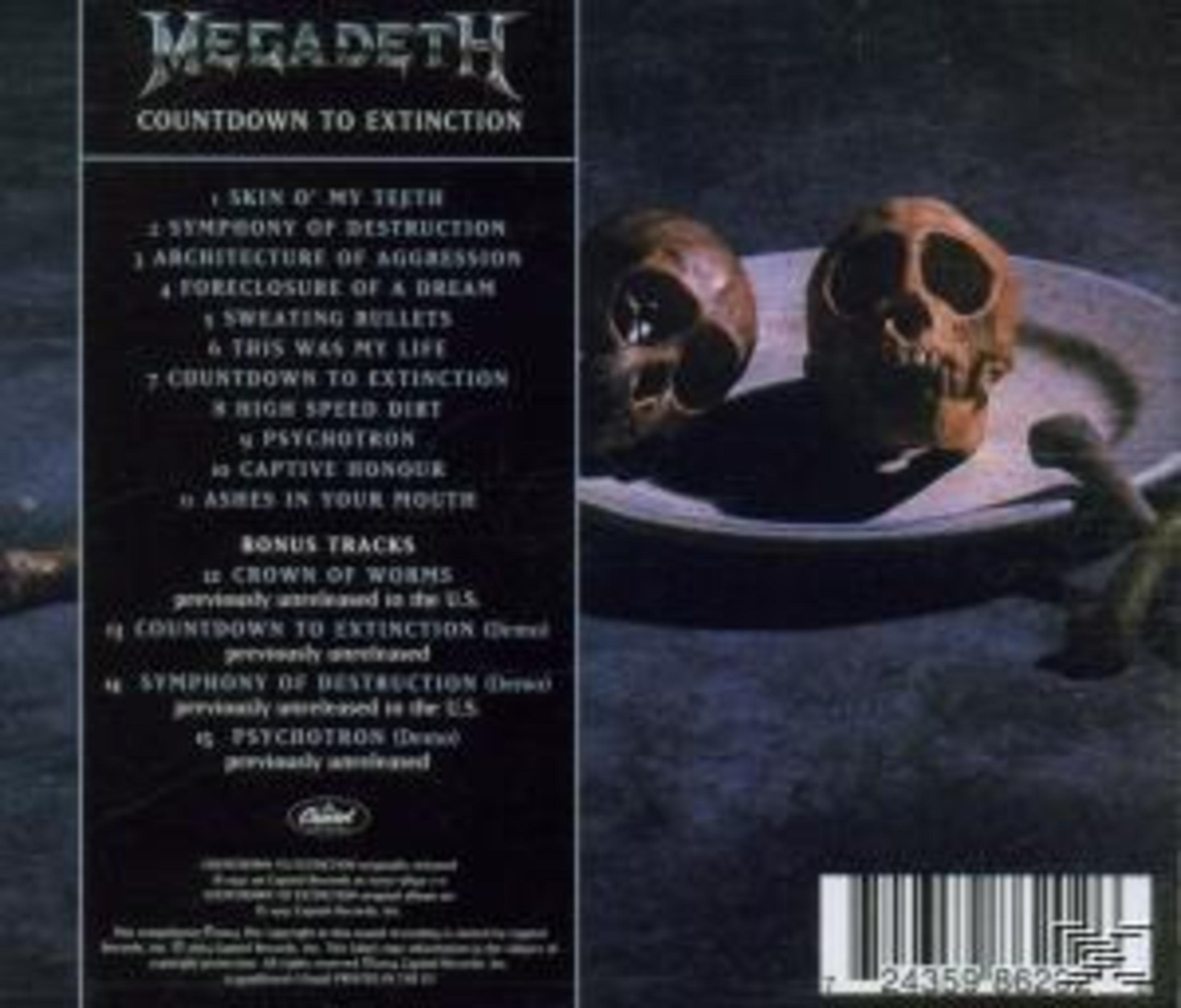 Copertina di Countdown to Extinction dei Megadeth con tracklist e teschi.
