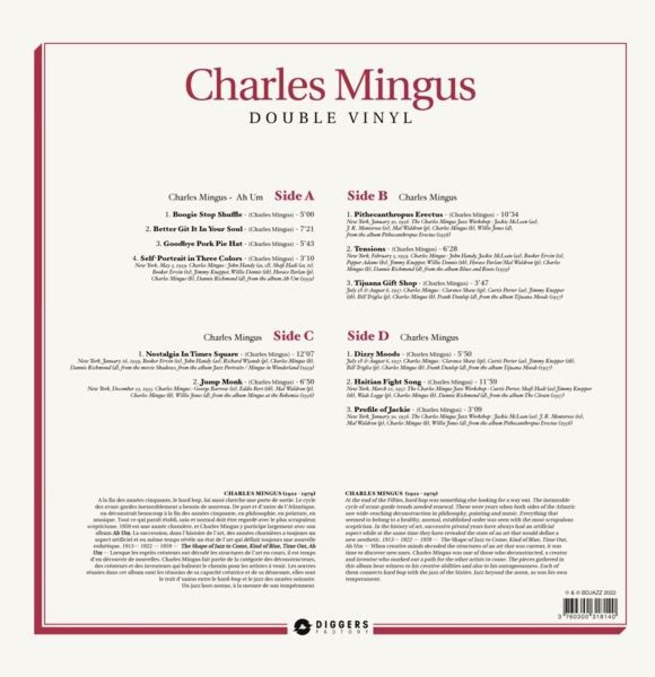 Portada del álbum Charles Mingus Double Vinyl con listas de canciones.