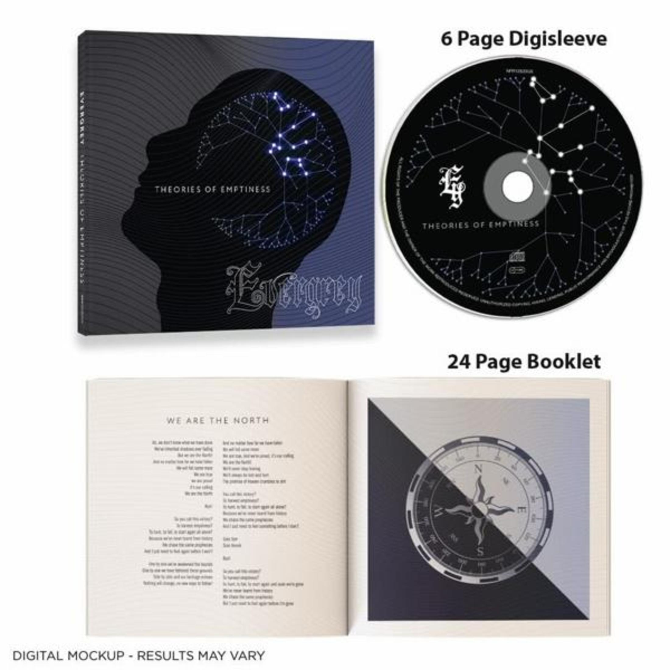 Digisleeve CD, disco e libretto che mostrano una silhouette di testa e un disegno di rete.