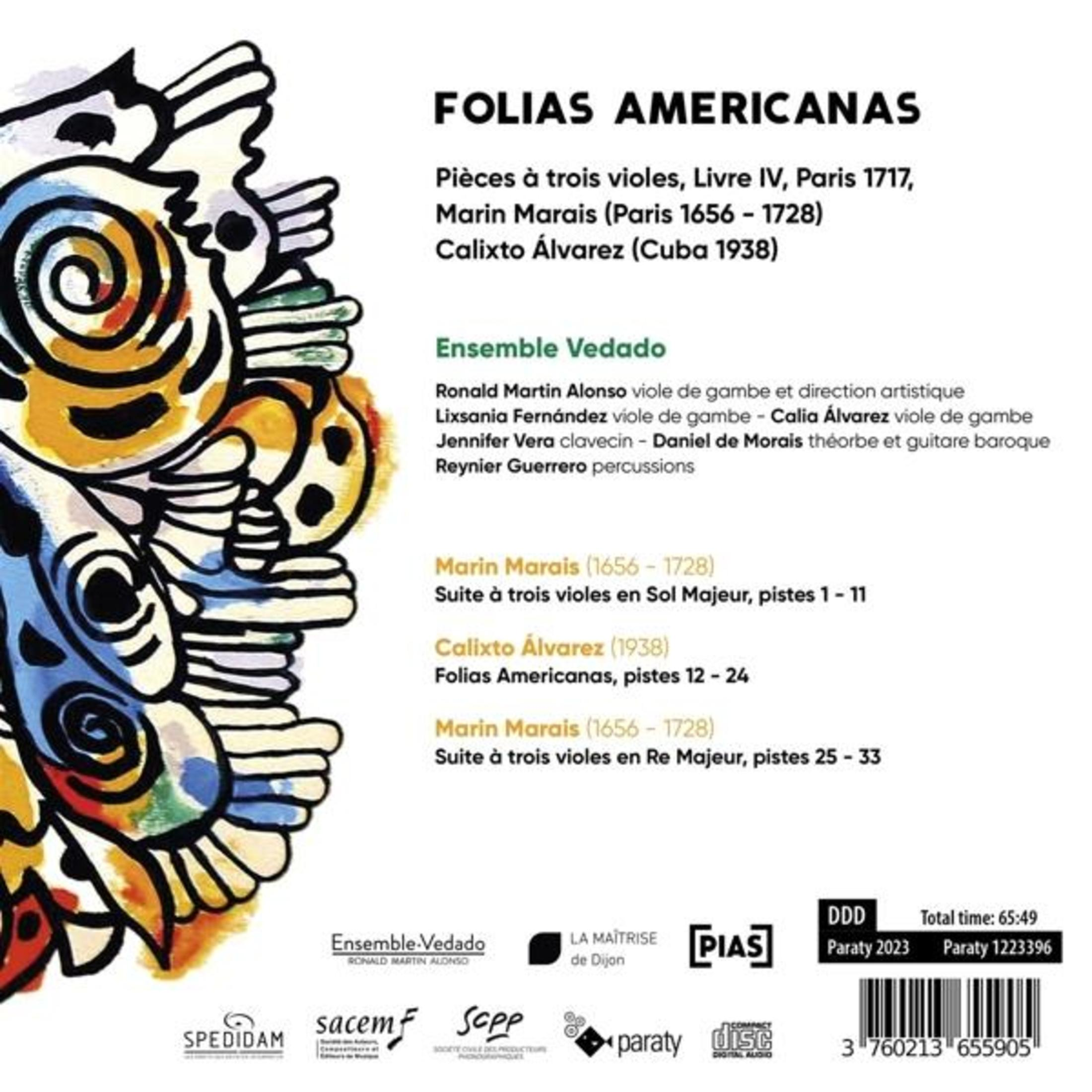 Copertina album con arte astratta, titolo 'Folias Americanas' e dettagli musicisti.