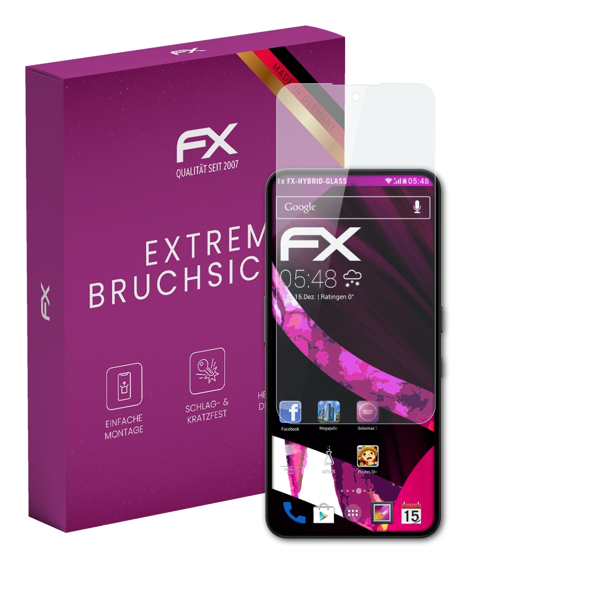 Ein lila Karton mit FX-Logo und ein Smartphone mit Displayschutzfolie.
