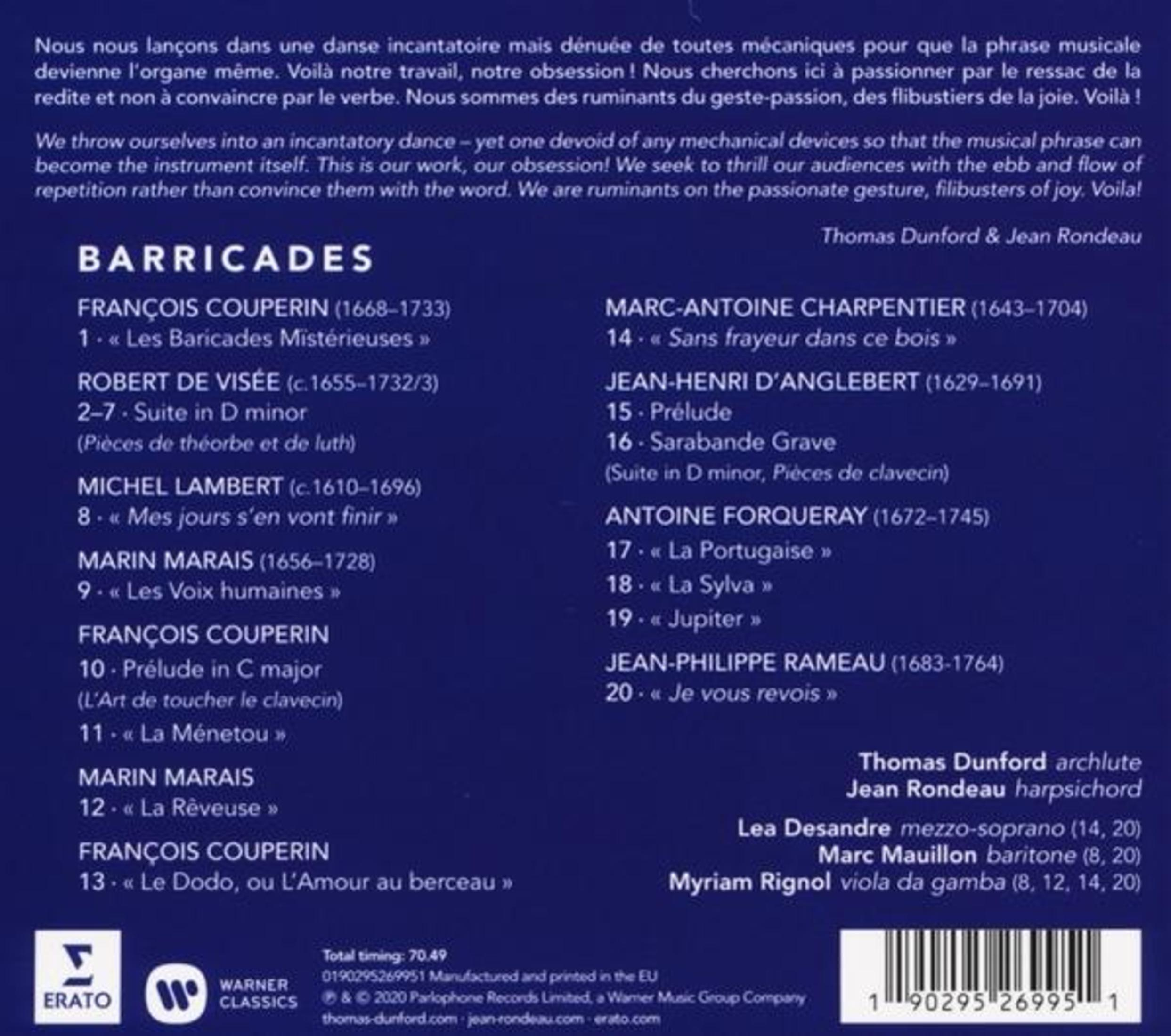 Copertina CD con elenco di brani musicali di Couperin, Charpentier, D'Anglebert, Forqueray, Rameau.