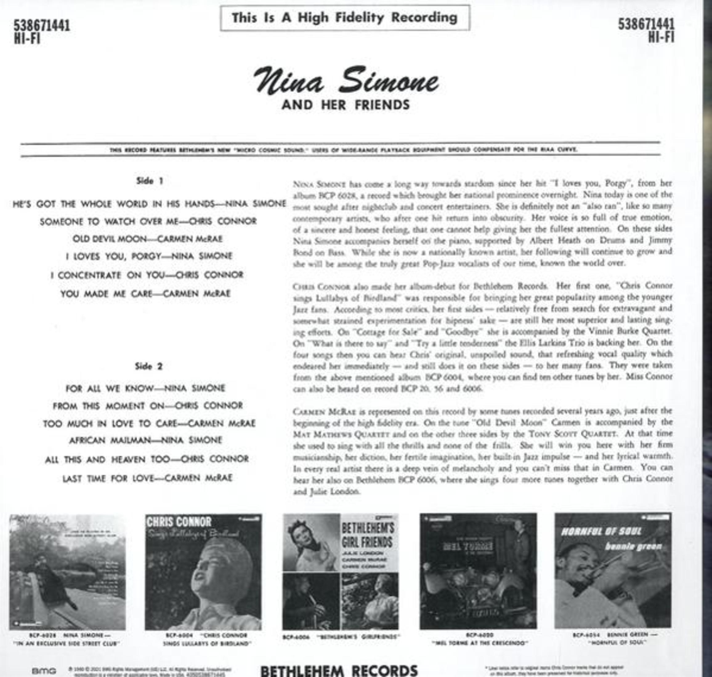 Copertina dell'album con Nina Simone e amici, titoli delle canzoni e artisti.