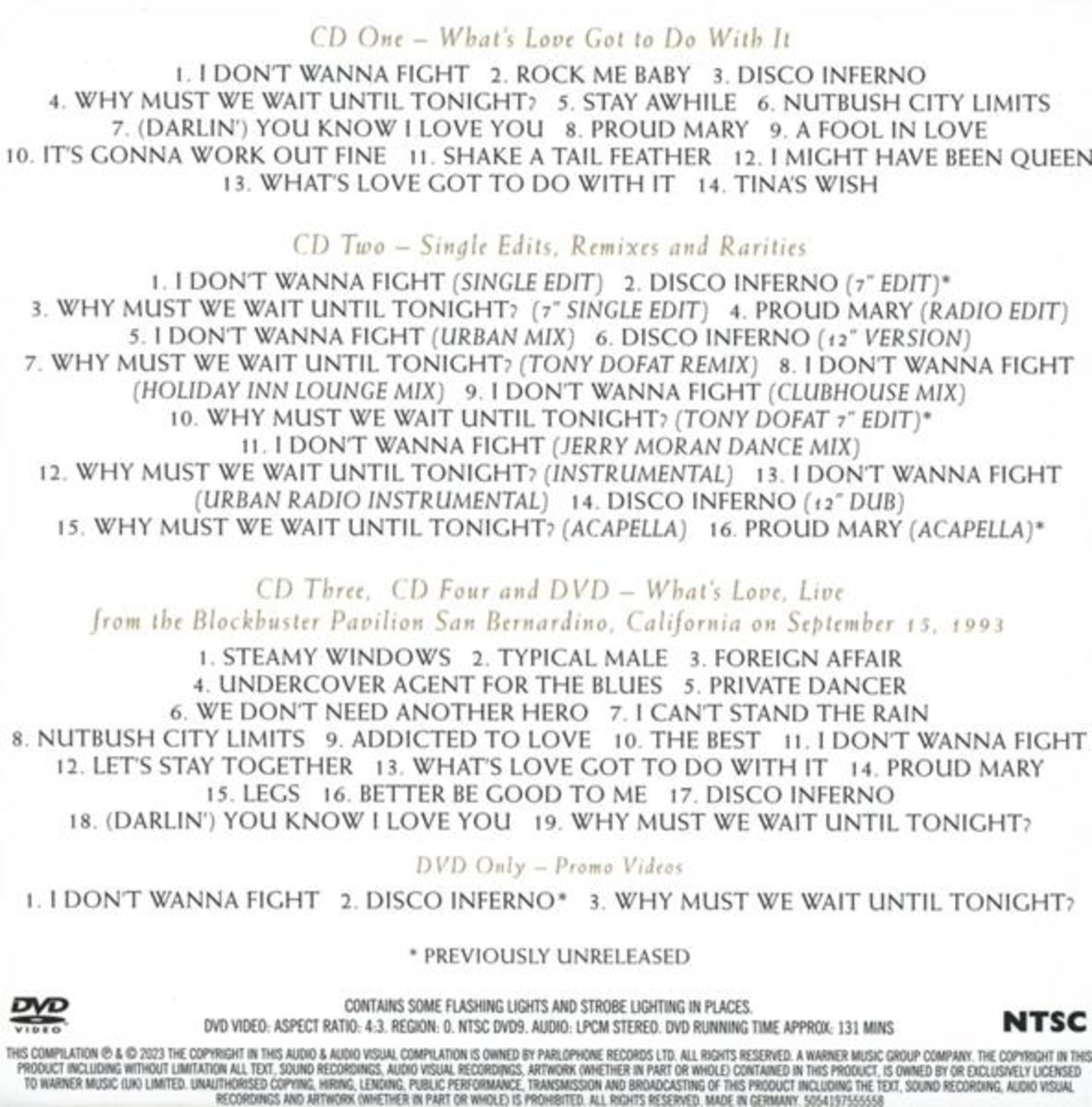 Tracklist for "CD One", "CD Two" and "CD Three/Four/DVD" plus "DVD Only".