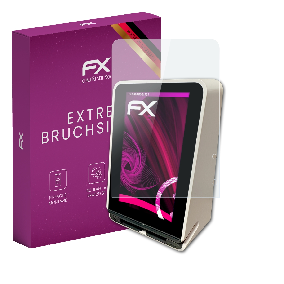 Verpackung und Displayschutzfolie für ein Gerät mit FX-Logo, Made in Germany.