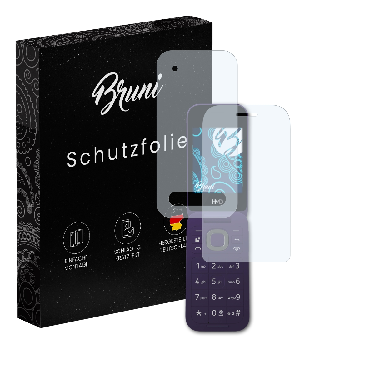 Violettes Klapphandy mit Displayschutzfolie und Verpackung.