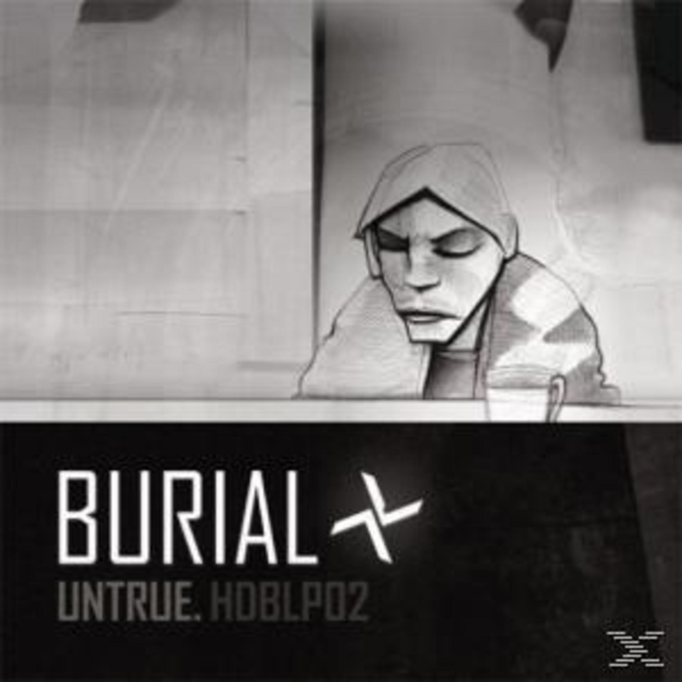 Illustrazione in bianco e nero di una figura con cappuccio; testo BURIAL UNTRUE a sinistra.