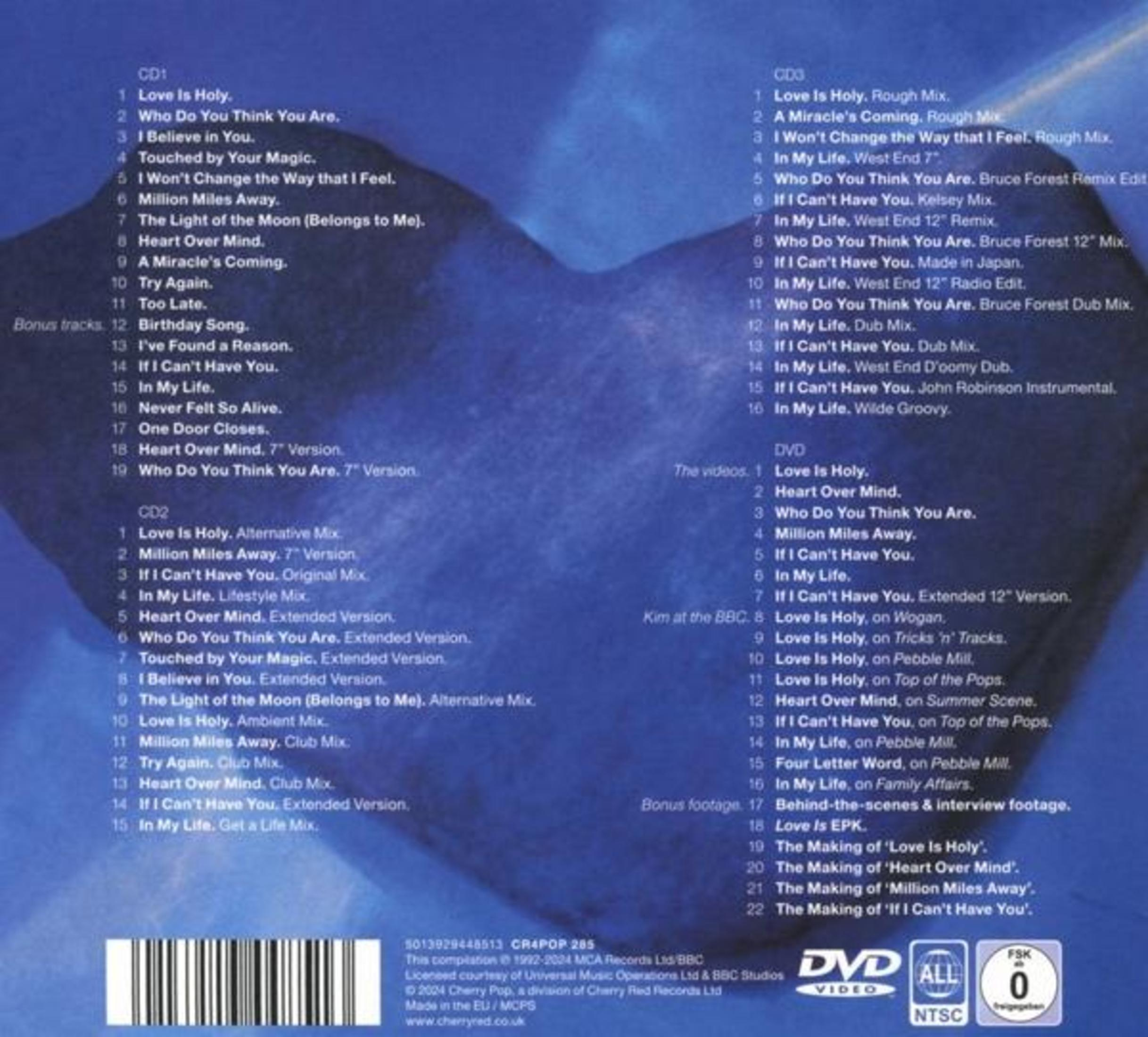 CD- en DVD-tracklijsten op blauwe achtergrond met muziekiconen.