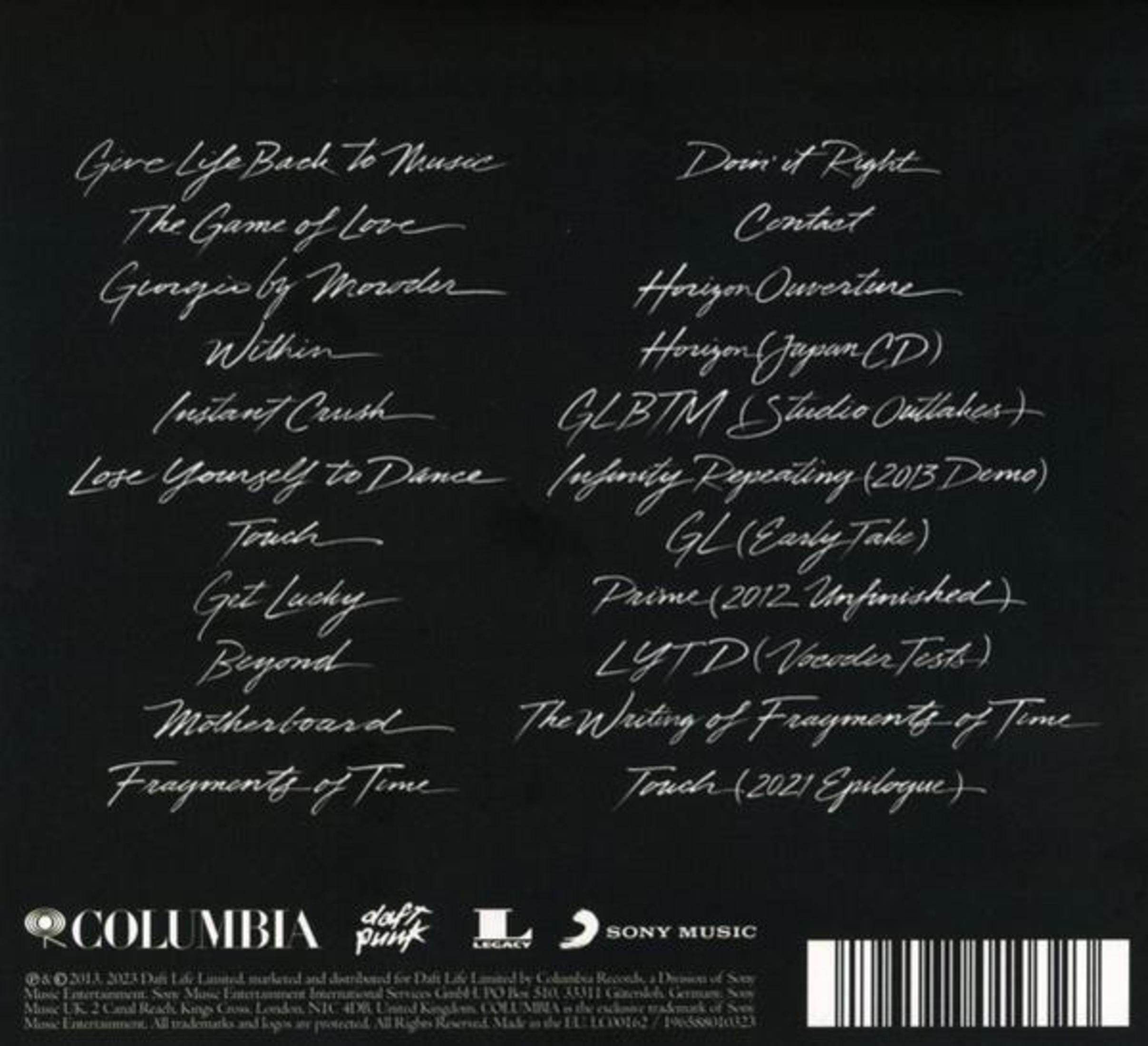 Elenco di canzoni su sfondo nero con testo corsivo bianco.