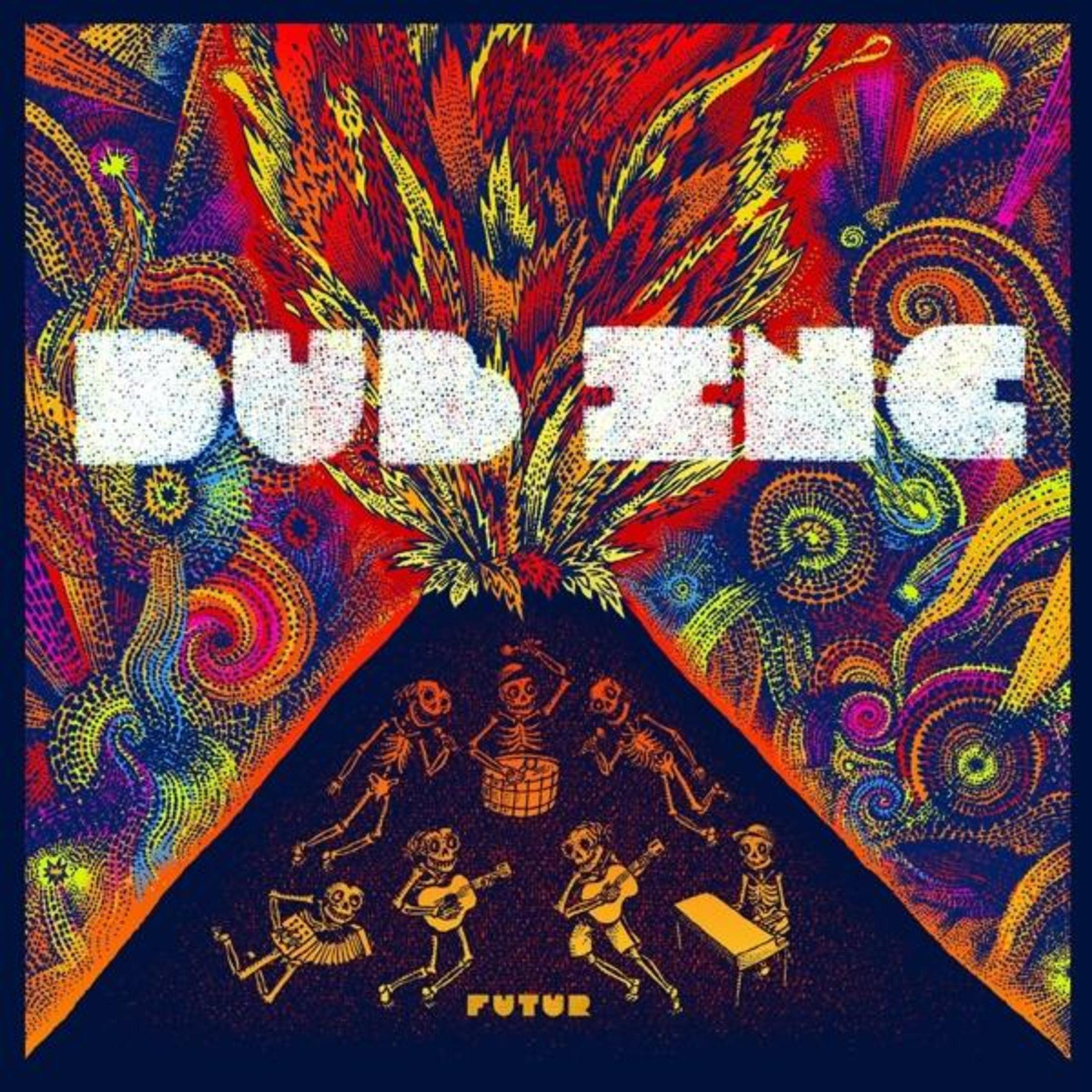 Arte astratta colorata con scheletri che suonano musica. Scritta DUB INC.