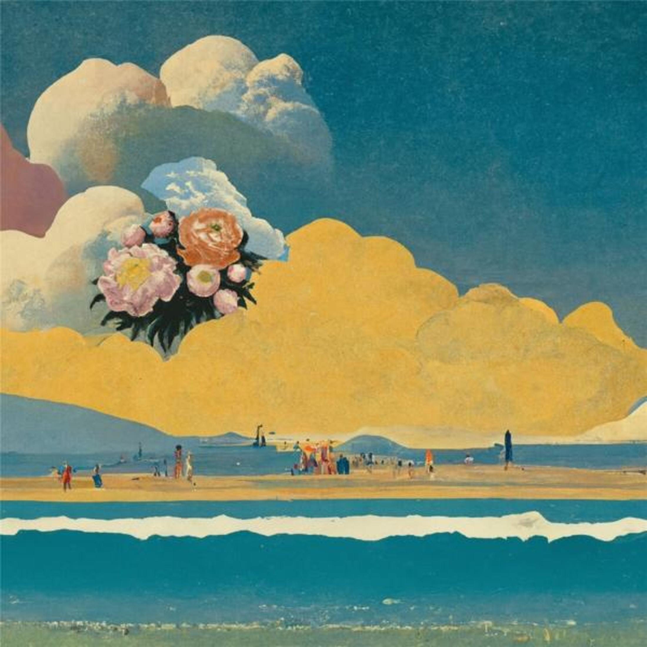Fiori colorati galleggiano su una spiaggia soleggiata con persone.