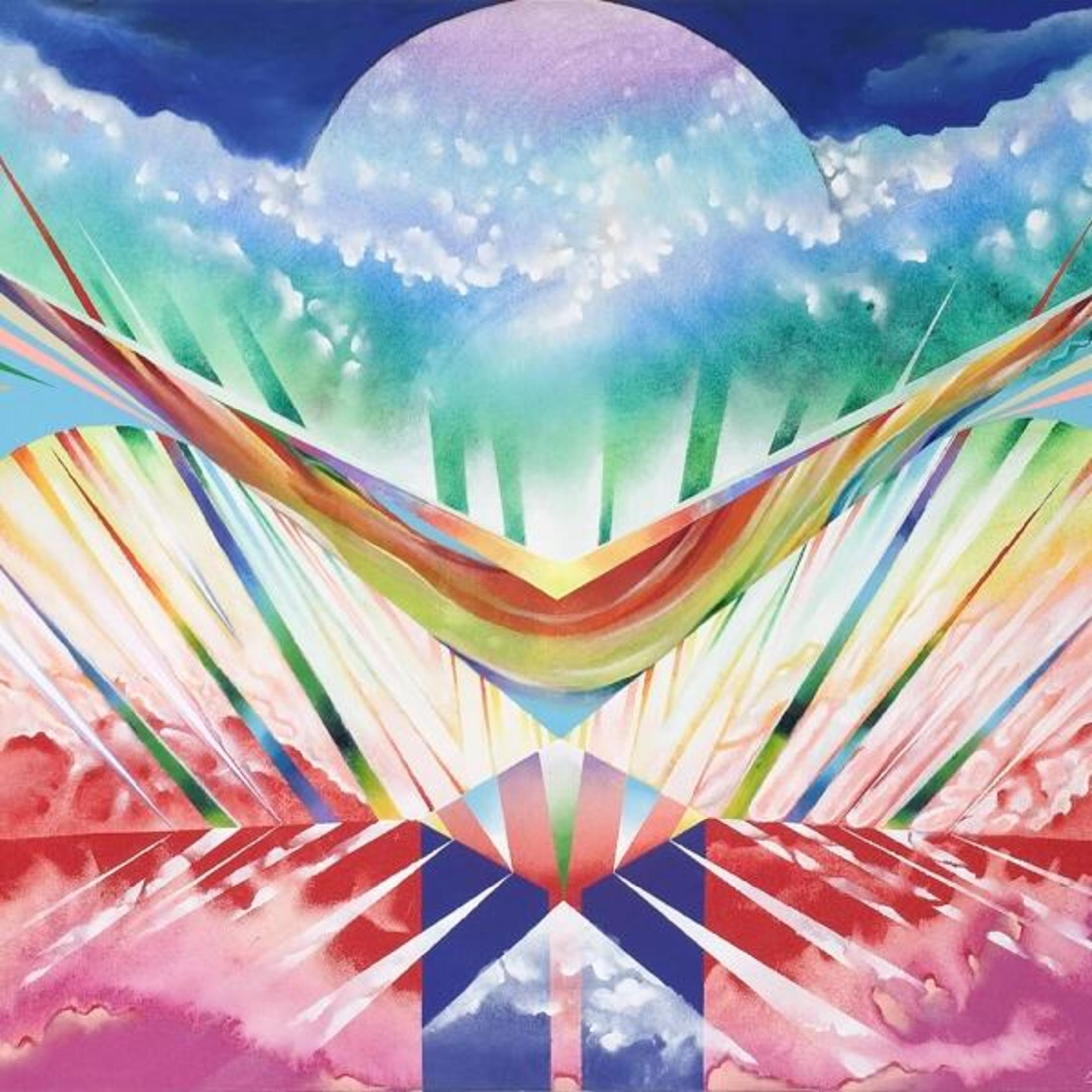 Pittura astratta con colori vivaci e forme geometriche che suggeriscono un cielo e un paesaggio.